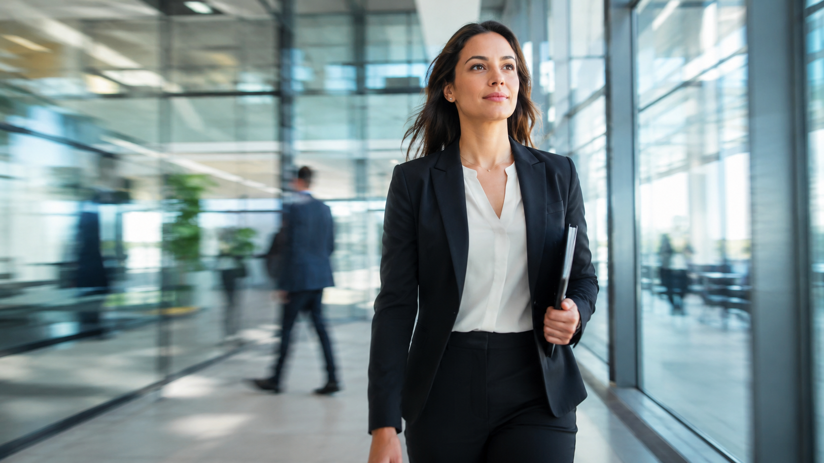 Professional woman in business attire walking confidently through a modern glass corporate building, motion blur showing movement and progress, natural light, determined expression, photorealistic, career advancement theme. Professional woman in business attire walking confidently through a modern glass corporate building, motion blur showing movement and progress, natural light, determined expression, photorealistic, career advancement theme.
