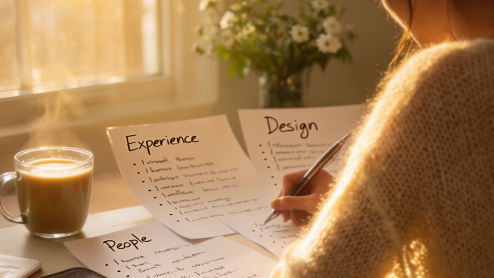 An over the shoulder look at a woman at a desk at dawn, writing on three separate sheets of paper labeled "Experience," "People," and "Design." Warm golden light streams through the window. Coffee cup steaming. Notebook open An over the shoulder look at a woman at a desk at dawn, writing on three separate sheets of paper labeled "Experience," "People," and "Design." Warm golden light streams through the window. Coffee cup steaming. Notebook open