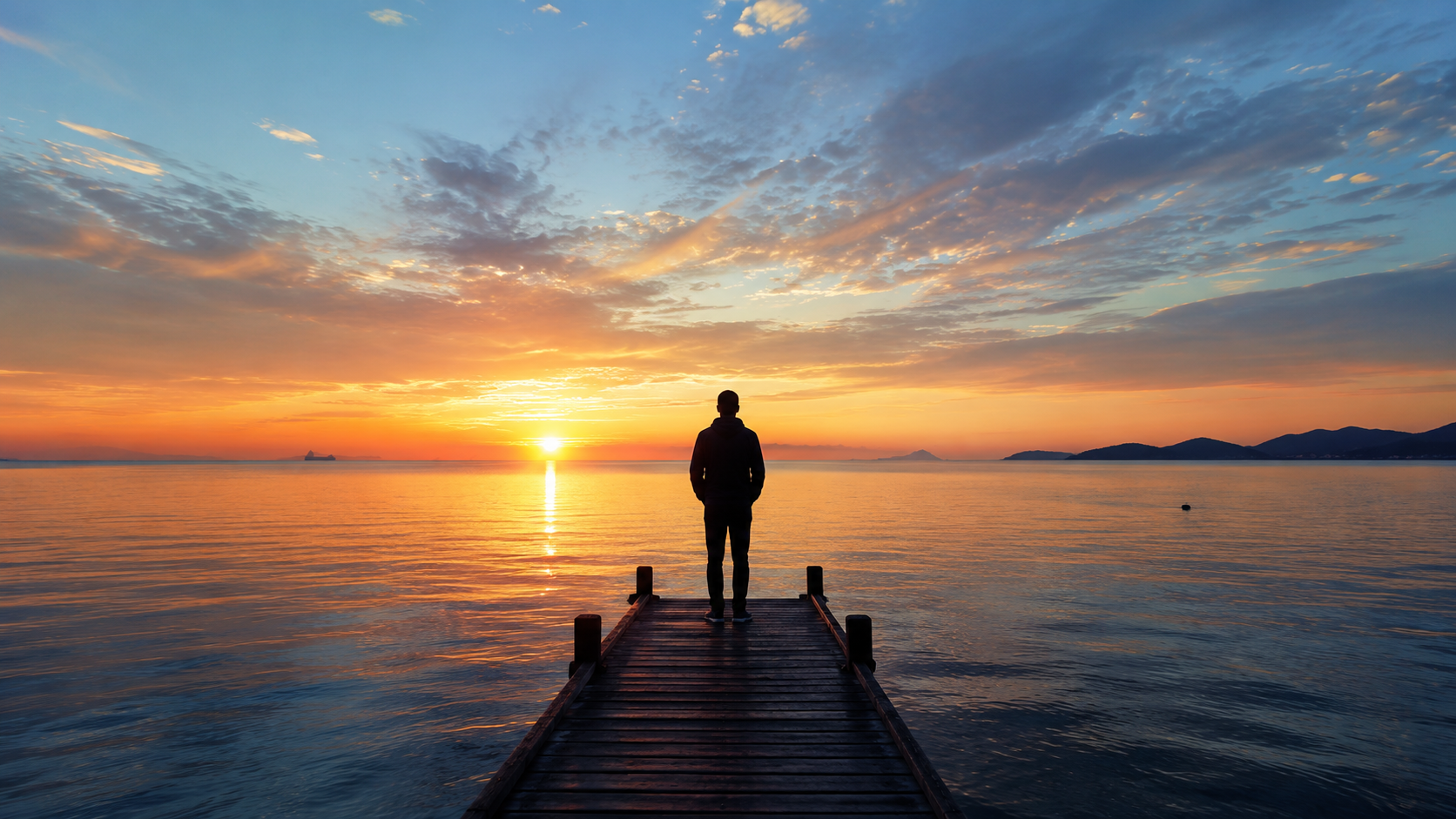 Sunrise over a calm ocean horizon with a single person standing on a dock in silhouette, peaceful and contemplative mood, golden and blue tones, new beginnings concept. Sunrise over a calm ocean horizon with a single person standing on a dock in silhouette, peaceful and contemplative mood, golden and blue tones, new beginnings concept.