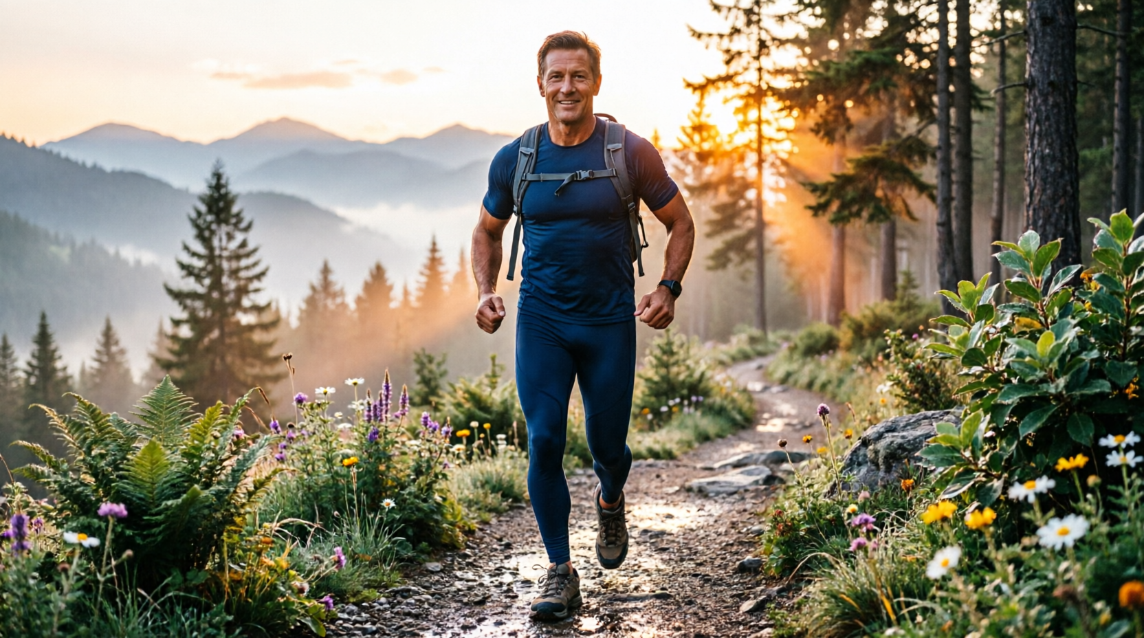 Photorealistic, cinematic wide shot of a vibrant, highly active and fit adult man, in their 40s or 50s power-hiking up a beautiful, scenic outdoor trail at sunrise. The subjects looks strong, energized, and full of life, mid-stride with a look of determination and joy. Golden hour morning light illuminating the scene, creating a warm, inspiring, and powerful atmosphere. Lush, vibrant nature in the background, conveying forward momentum, health, and vitality. Photorealistic, cinematic wide shot of a vibrant, highly active and fit adult man, in their 40s or 50s power-hiking up a beautiful, scenic outdoor trail at sunrise. The subjects looks strong, energized, and full of life, mid-stride with a look of determination and joy. Golden hour morning light illuminating the scene, creating a warm, inspiring, and powerful atmosphere. Lush, vibrant nature in the background, conveying forward momentum, health, and vitality.