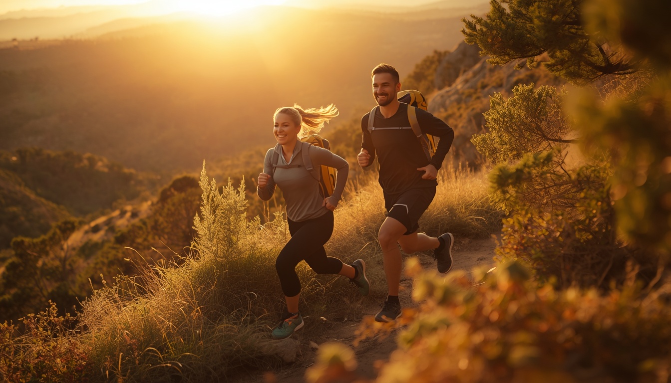 Photorealistic, cinematic wide shot of a vibrant, highly active and fit adult couple, man and woman, in their 40s or 50s power-hiking up a beautiful, scenic outdoor trail at sunrise. The subjects looks strong, energized, and full of life, mid-stride with a look of determination and joy. Golden hour morning light illuminating the scene, creating a warm, inspiring, and powerful atmosphere. Lush, vibrant nature in the background, conveying forward momentum, health, and vitality. Photorealistic, cinematic wide shot of a vibrant, highly active and fit adult couple, man and woman, in their 40s or 50s power-hiking up a beautiful, scenic outdoor trail at sunrise. The subjects looks strong, energized, and full of life, mid-stride with a look of determination and joy. Golden hour morning light illuminating the scene, creating a warm, inspiring, and powerful atmosphere. Lush, vibrant nature in the background, conveying forward momentum, health, and vitality.