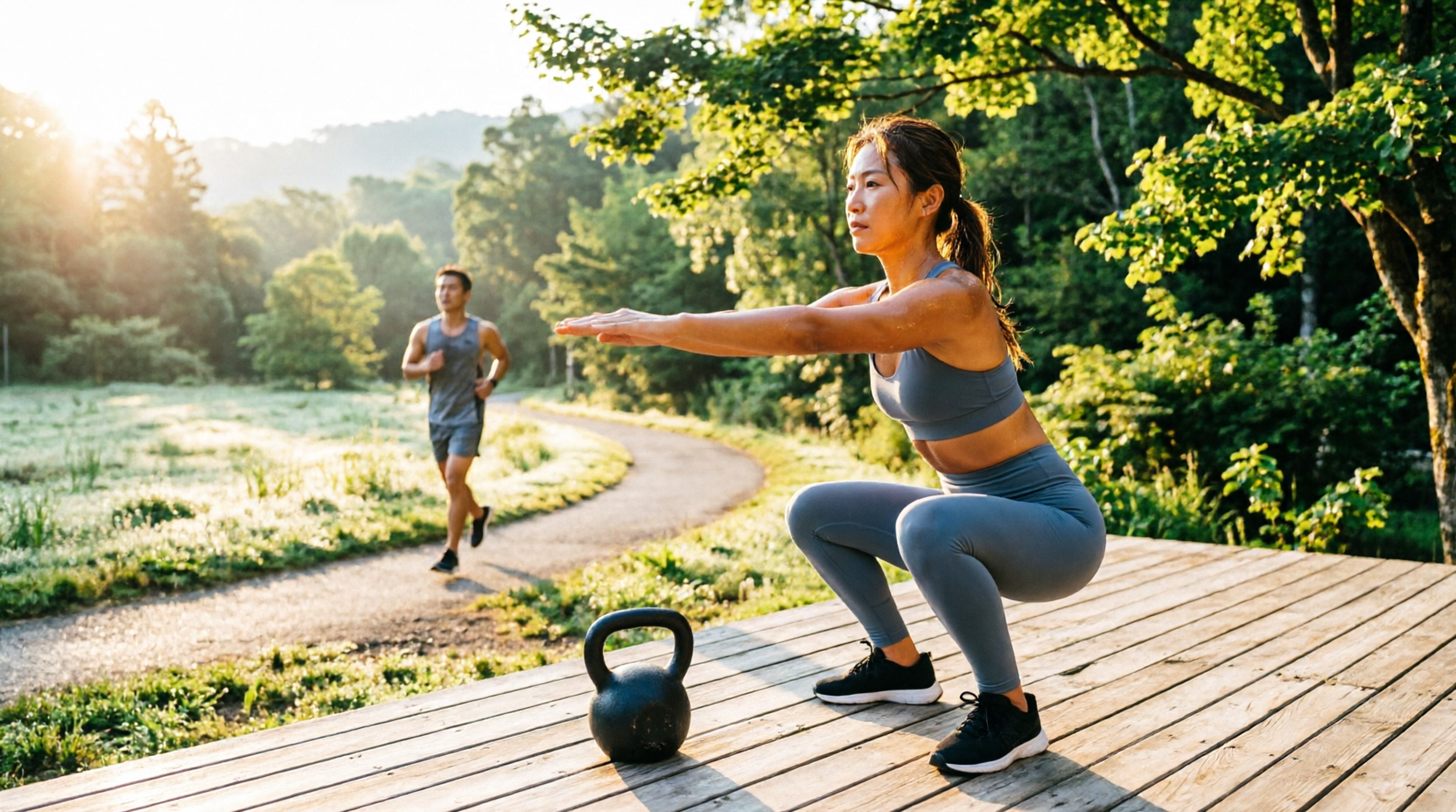 Photorealistic, cinematic wide shot of a beautiful, sunlit outdoor morning fitness scene. A person is jogging on a scenic, dewy trail in the background (cardio), while in the foreground, another person is doing a bodyweight squat or lifting a kettlebell on a wooden deck (strength). The lighting is golden hour morning sun, creating a warm, inspiring, and energetic atmosphere. Vibrant nature in the background, conveying vitality, longevity, and the perfect start to the day! Photorealistic, cinematic wide shot of a beautiful, sunlit outdoor morning fitness scene. A person is jogging on a scenic, dewy trail in the background (cardio), while in the foreground, another person is doing a bodyweight squat or lifting a kettlebell on a wooden deck (strength). The lighting is golden hour morning sun, creating a warm, inspiring, and energetic atmosphere. Vibrant nature in the background, conveying vitality, longevity, and the perfect start to the day!
