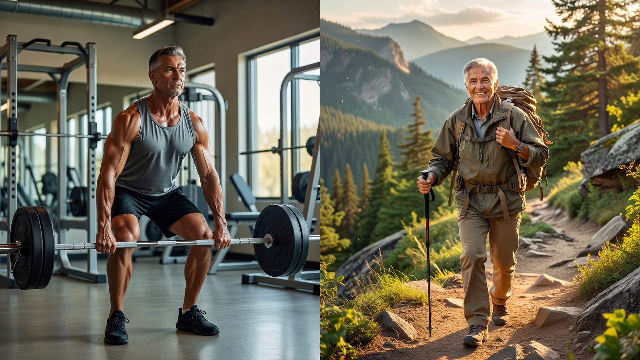 Photorealistic split-screen comparison showing the same person at age 50 and age 80. Left side: active, lifting weights in a gym, strong posture. Right side: same person at 80, still active, hiking on a beautiful trail, carrying a backpack, vibrant and independent. Both images show determination and vitality. Photorealistic split-screen comparison showing the same person at age 50 and age 80. Left side: active, lifting weights in a gym, strong posture. Right side: same person at 80, still active, hiking on a beautiful trail, carrying a backpack, vibrant and independent. Both images show determination and vitality.