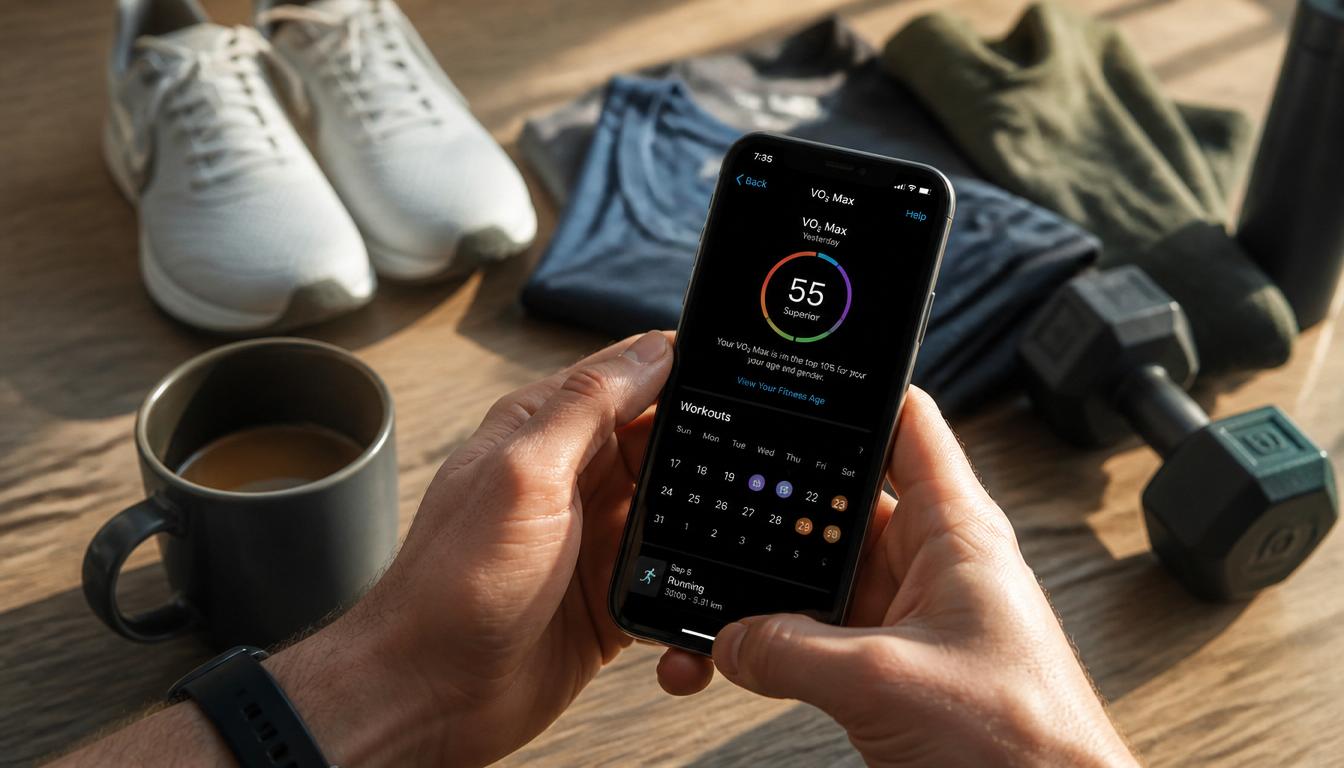 Photorealistic close-up of a person's hands holding a smartphone showing a fitness tracking app with VO2 max data and workout calendar. In the background, slightly out of focus, workout clothes laid out, running shoes, and dumbbells ready for use. Early morning light, coffee mug on table. Organized, prepared, motivated atmosphere. Photorealistic close-up of a person's hands holding a smartphone showing a fitness tracking app with VO2 max data and workout calendar. In the background, slightly out of focus, workout clothes laid out, running shoes, and dumbbells ready for use. Early morning light, coffee mug on table. Organized, prepared, motivated atmosphere.
