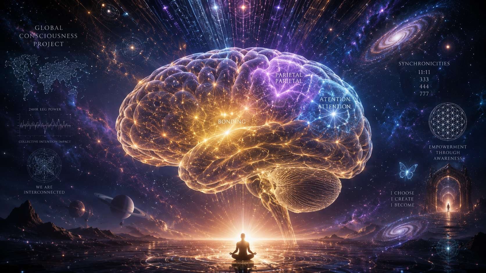 A translucent human brain viewed from the side, glowing with warm golden and soft amber light emanating from within. Three distinct neural network regions are subtly highlighted — one near the center glowing warm gold (bonding), one at the top rear glowing soft blue-white (attention), and one on the upper side glowing gentle violet (parietal). The brain appears to float against a deep cosmic background of dark navy and soft nebula hues (purples, deep blues). Faint, ethereal rays of light radiate upward from the brain like an antenna signal reaching toward the cosmos. A translucent human brain viewed from the side, glowing with warm golden and soft amber light emanating from within. Three distinct neural network regions are subtly highlighted — one near the center glowing warm gold (bonding), one at the top rear glowing soft blue-white (attention), and one on the upper side glowing gentle violet (parietal). The brain appears to float against a deep cosmic background of dark navy and soft nebula hues (purples, deep blues). Faint, ethereal rays of light radiate upward from the brain like an antenna signal reaching toward the cosmos.