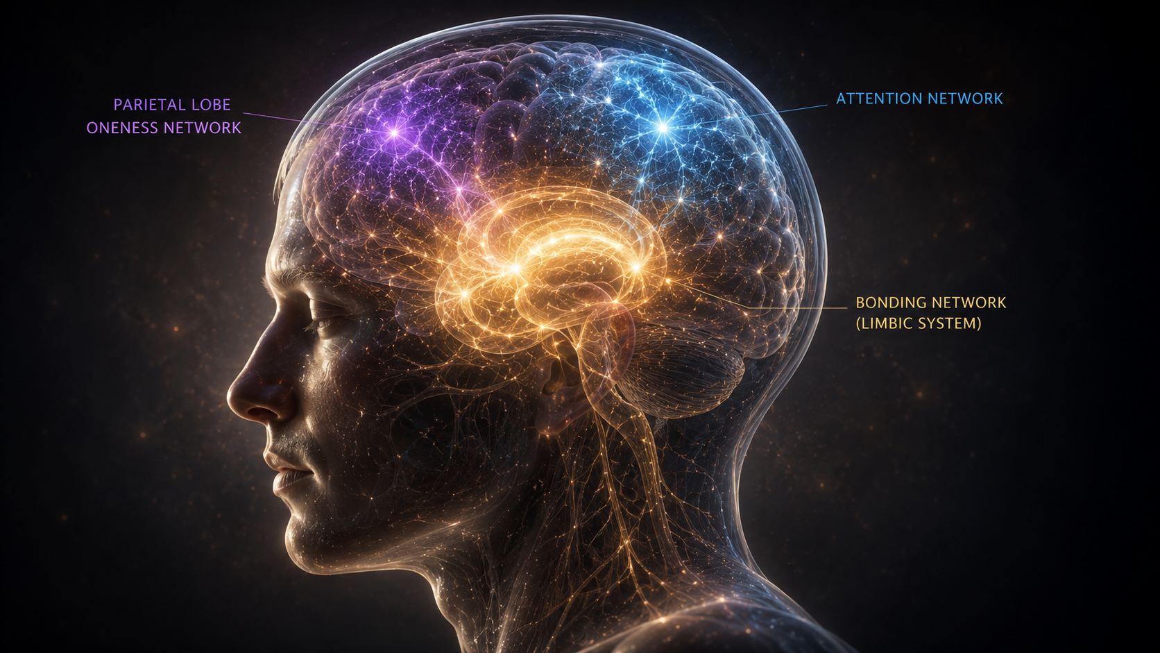 A side-profile close-up of a human head and upper shoulders. The head is subtly transparent, revealing three distinct glowing neural network regions inside the brain: one region near the center/limbic area pulsing with warm gold light (labeled area for bonding) A side-profile close-up of a human head and upper shoulders. The head is subtly transparent, revealing three distinct glowing neural network regions inside the brain: one region near the center/limbic area pulsing with warm gold light (labeled area for bonding)