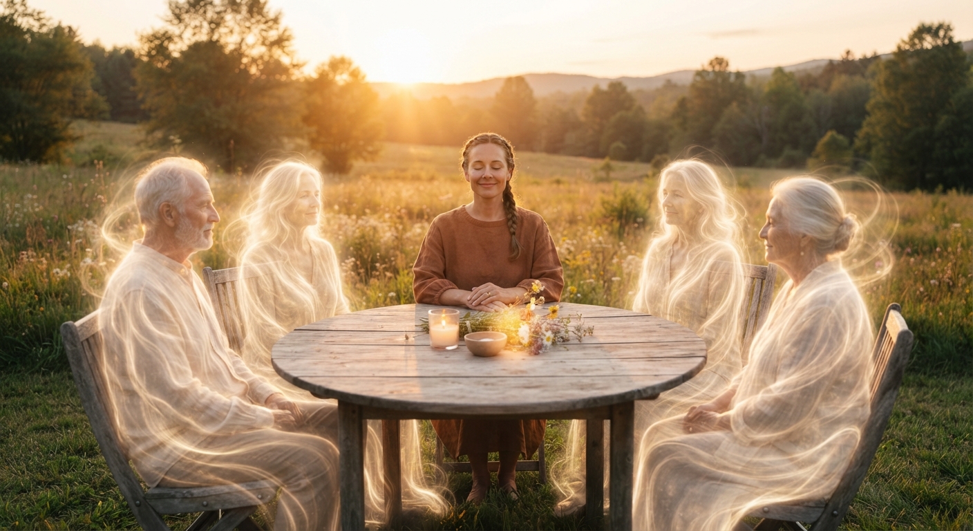 A single person sitting peacefully with eyes closed at one end of a simple round wooden table, set outdoors at golden hour. Around the table, 4-5 translucent, ethereal figures are seated — they are luminous but not fully solid, suggesting ancestors or spiritual presences. Their forms glow with warm, soft white-gold light. The setting is a serene open meadow with soft golden sunlight streaming from behind. A single person sitting peacefully with eyes closed at one end of a simple round wooden table, set outdoors at golden hour. Around the table, 4-5 translucent, ethereal figures are seated — they are luminous but not fully solid, suggesting ancestors or spiritual presences. Their forms glow with warm, soft white-gold light. The setting is a serene open meadow with soft golden sunlight streaming from behind.