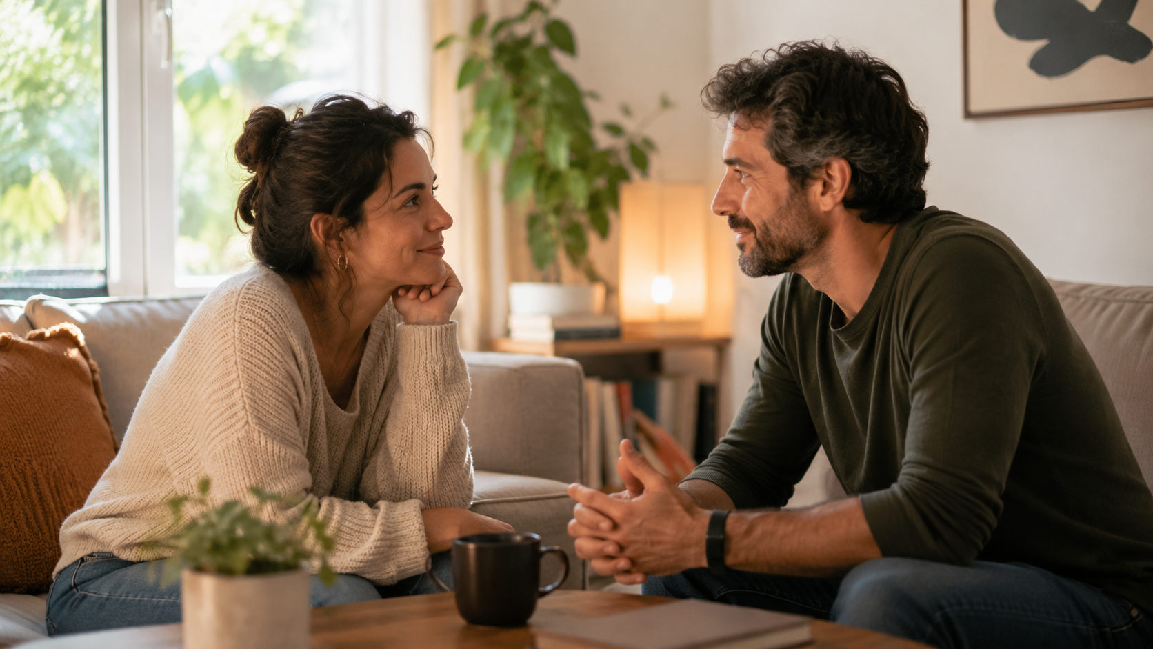 A couple in their 30s sitting face-to-face in a peaceful, well-lit living room, making genuine eye contact with soft smiles and open body language. Intimate but not romantic—conveying authentic connection, presence, and mutual vulnerability. Both appear calm, present, and genuinely seen by the other. A couple in their 30s sitting face-to-face in a peaceful, well-lit living room, making genuine eye contact with soft smiles and open body language. Intimate but not romantic—conveying authentic connection, presence, and mutual vulnerability. Both appear calm, present, and genuinely seen by the other.