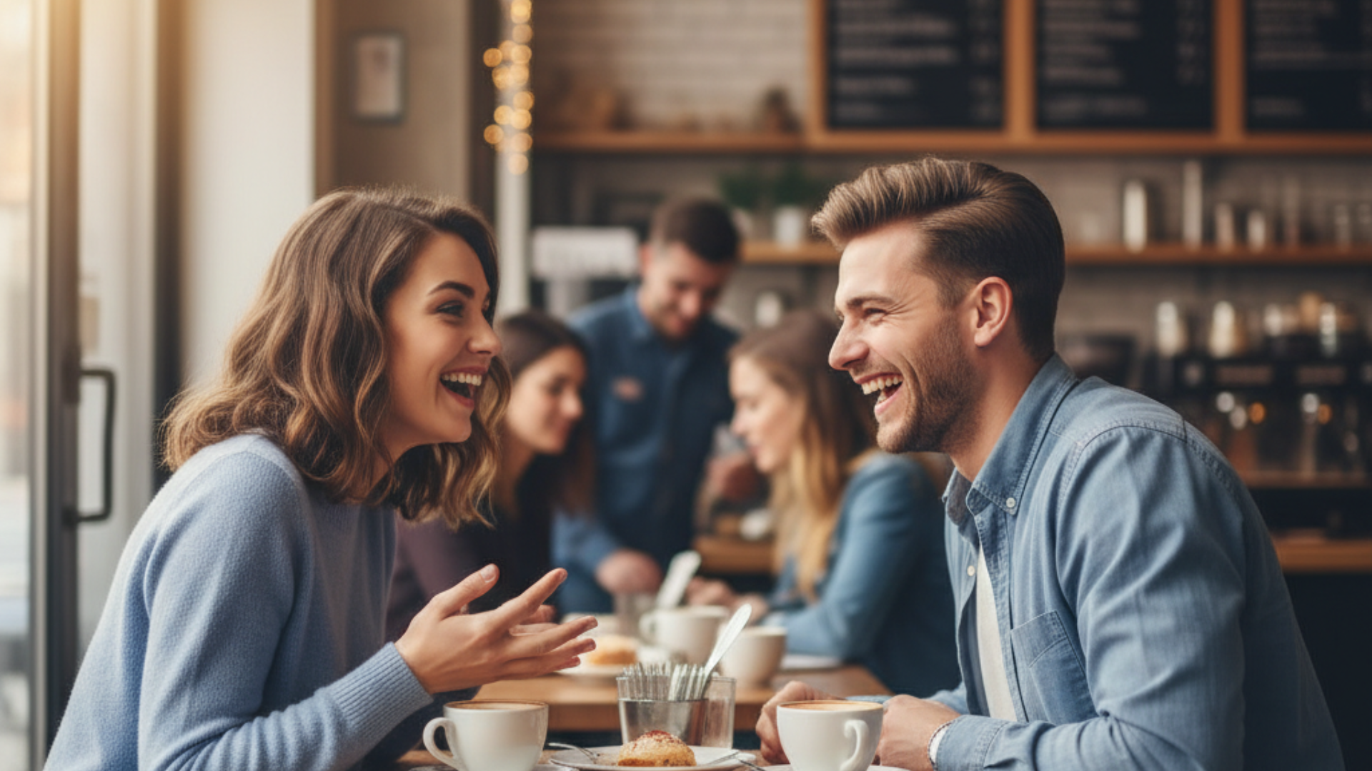 Two people on a first date in a coffee shop, leaning in with animated conversation and visible chemistry—smiling, laughing, good energy. But neither is fully present; both are somewhat 'performing' subtle versions of themselves Two people on a first date in a coffee shop, leaning in with animated conversation and visible chemistry—smiling, laughing, good energy. But neither is fully present; both are somewhat 'performing' subtle versions of themselves