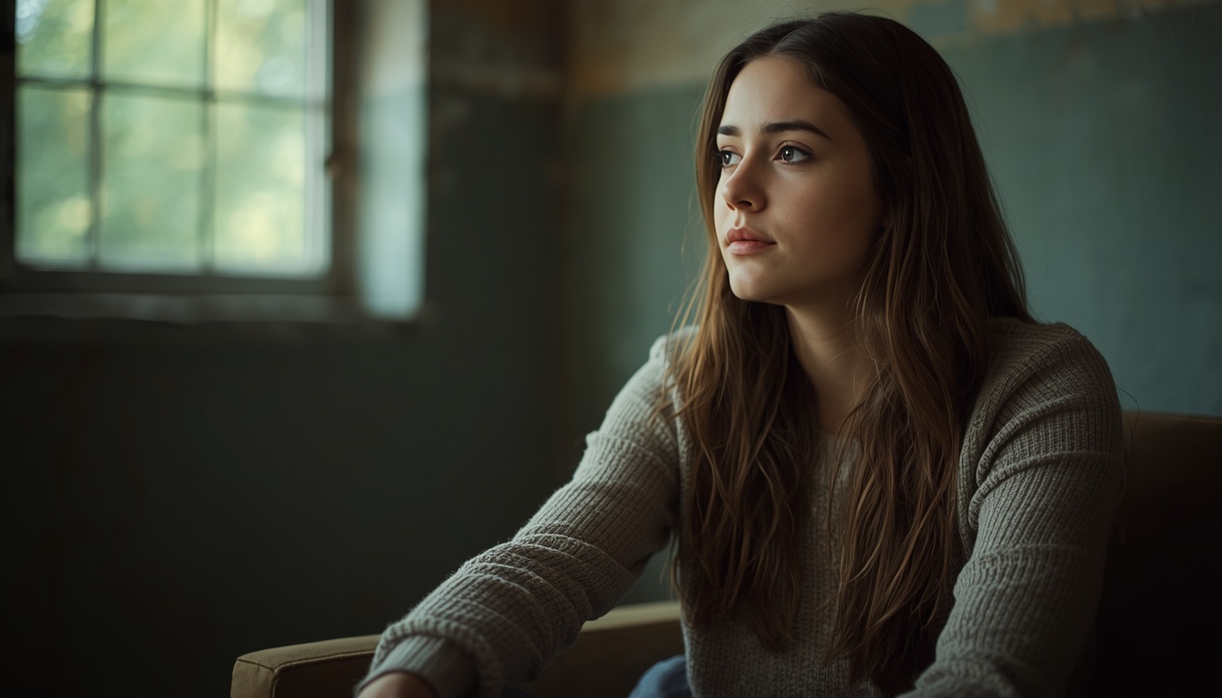 A woman in her late 20s sitting alone in a quiet space, looking reflective and contemplative. Soft lighting, peaceful setting. She appears to be in a moment of honest self-reflection. The expression shows both vulnerability and clarity A woman in her late 20s sitting alone in a quiet space, looking reflective and contemplative. Soft lighting, peaceful setting. She appears to be in a moment of honest self-reflection. The expression shows both vulnerability and clarity