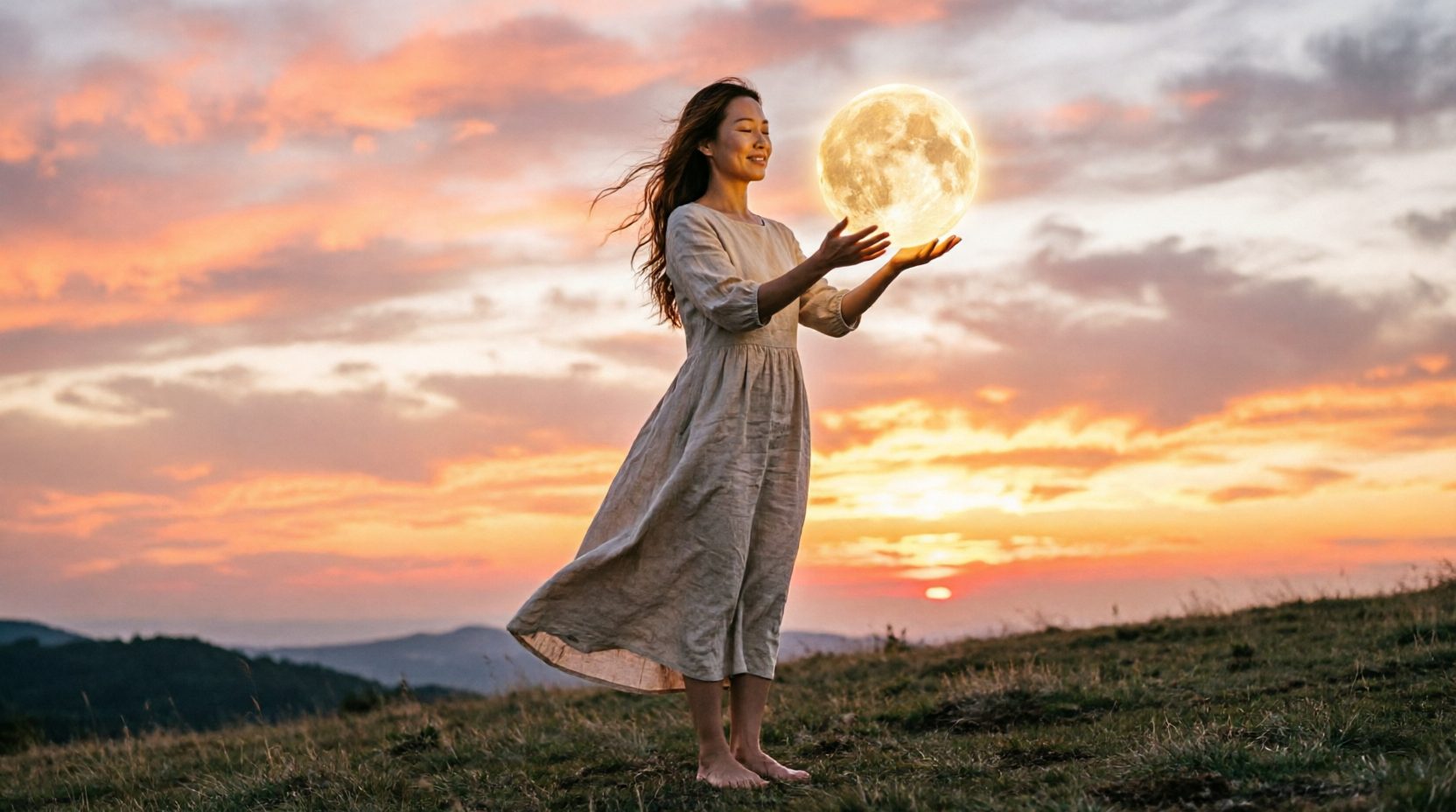 A person releasing a glowing object or metaphorical representation of love into the air, hands open, releasing a light. Sunset backdrop, peaceful expression. A person releasing a glowing object or metaphorical representation of love into the air, hands open, releasing a light. Sunset backdrop, peaceful expression.
