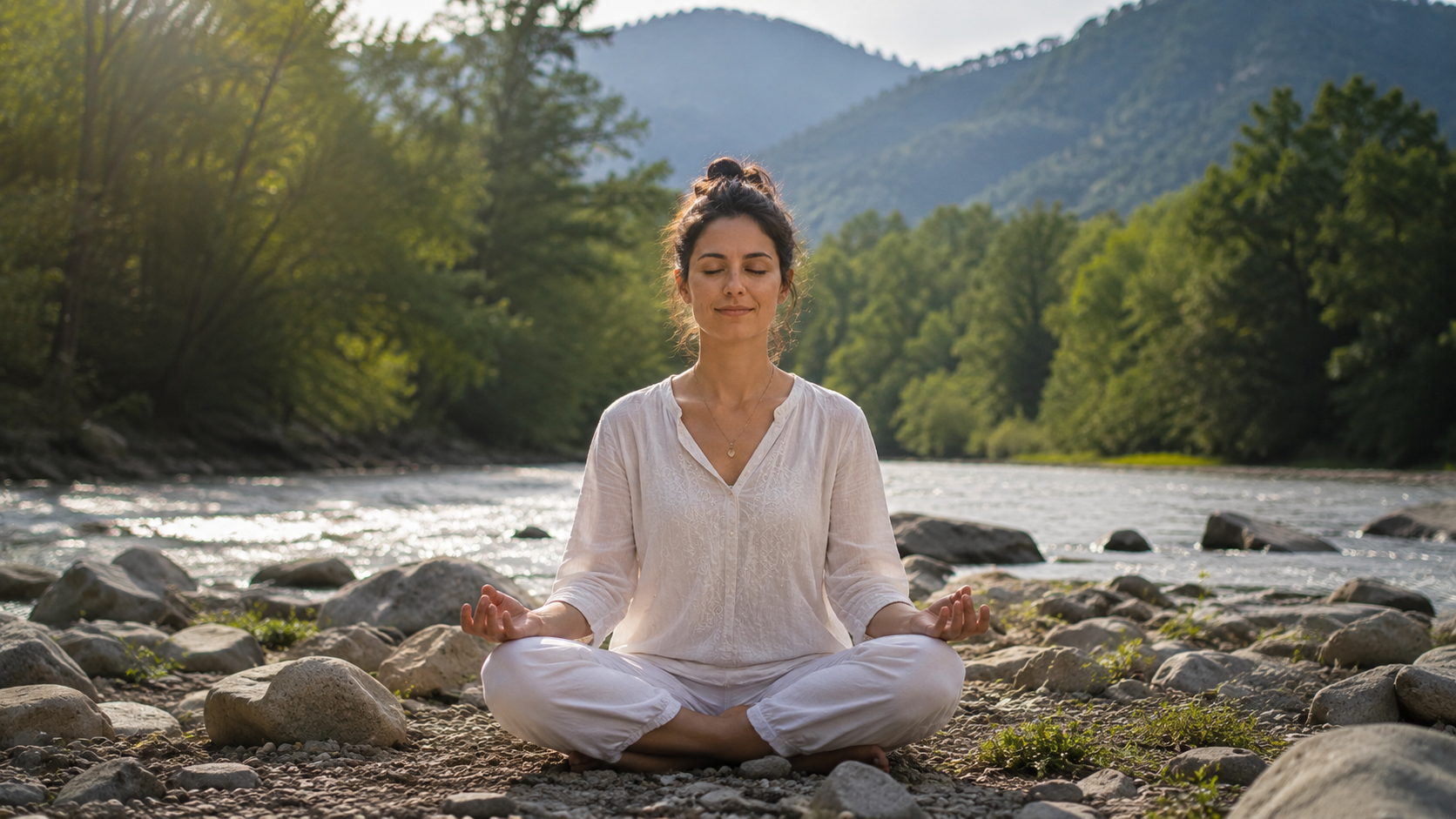 A person sitting in meditation or a peaceful pose, appearing centered and content, alone but not lonely. Expression shows calm, presence, and inner peace. This image conveys alignment and wholeness—someone who is complete within themselves A person sitting in meditation or a peaceful pose, appearing centered and content, alone but not lonely. Expression shows calm, presence, and inner peace. This image conveys alignment and wholeness—someone who is complete within themselves