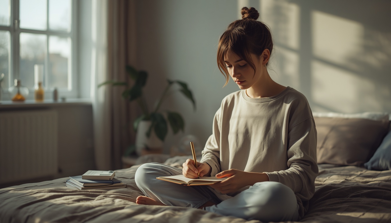 A person doing a morning routine: journaling, meditation, or theta state work. Peaceful bedroom setting with soft natural light. Person appears focused and intentional. Symbol of self-work and personal growth. A person doing a morning routine: journaling, meditation, or theta state work. Peaceful bedroom setting with soft natural light. Person appears focused and intentional. Symbol of self-work and personal growth.