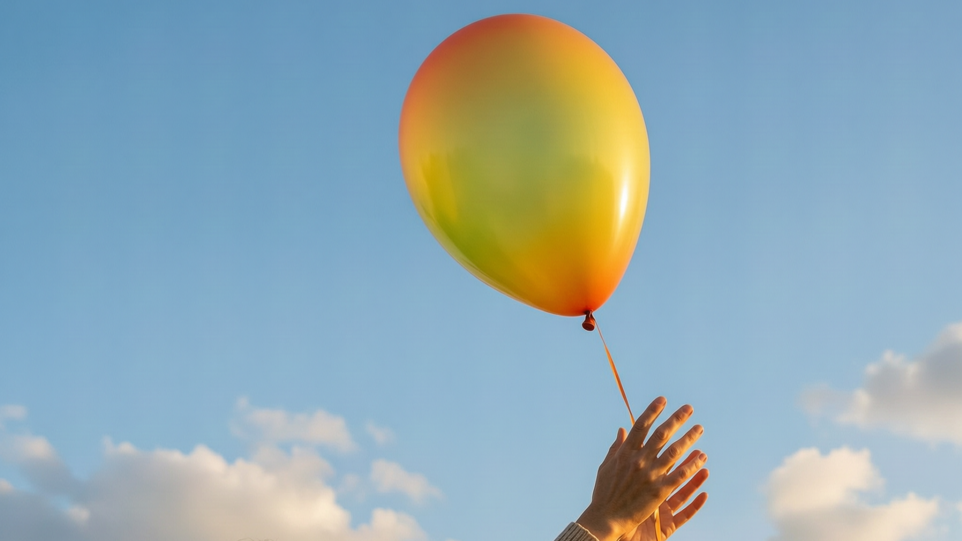 A person's hands releasing a colorful balloon into a blue sky. The balloon is floating upward, symbolizing letting go. A person's hands releasing a colorful balloon into a blue sky. The balloon is floating upward, symbolizing letting go.
