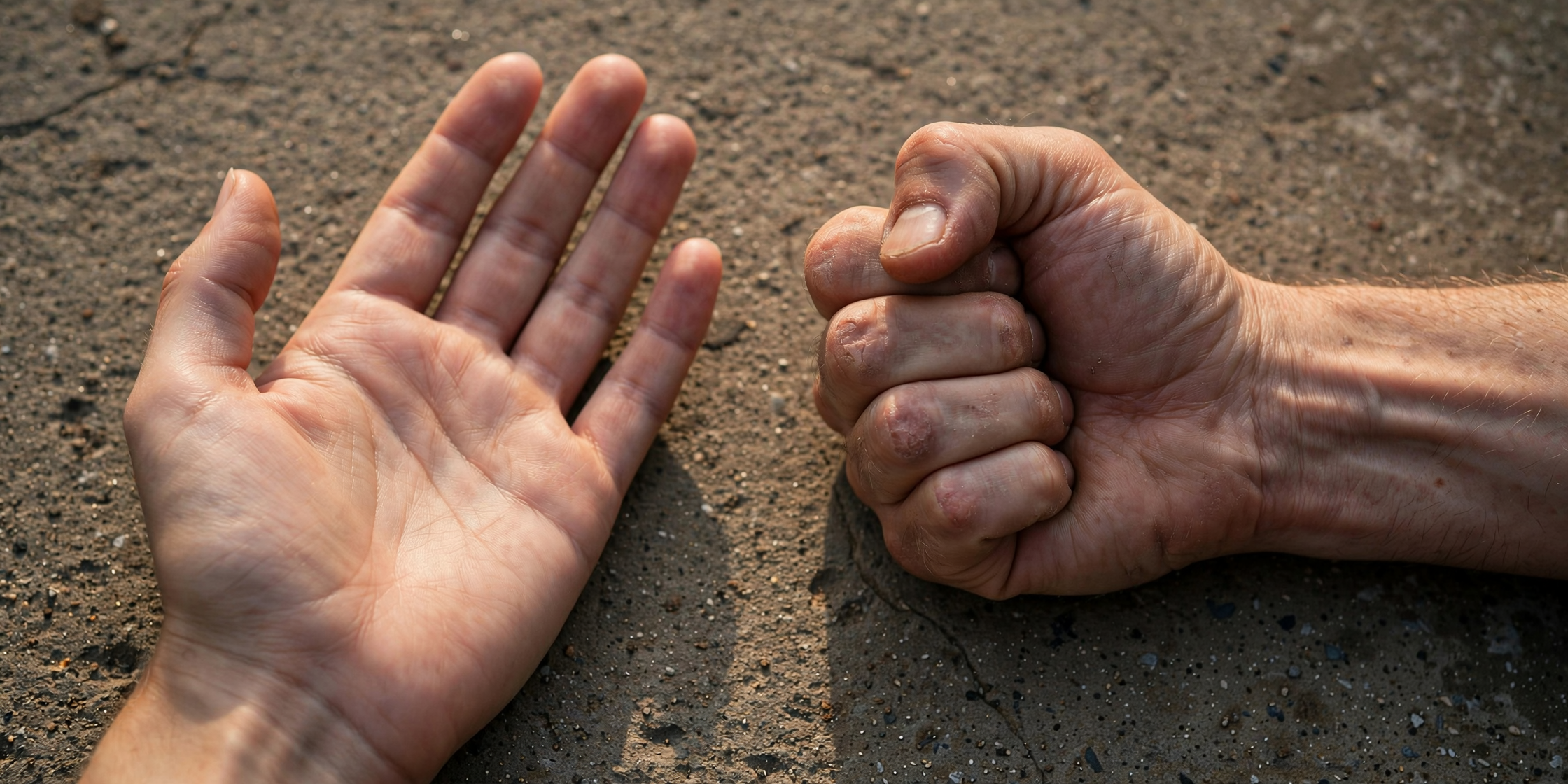Close-up of two different hands — one open and relaxed, one clenched into a fist — side by side on a rough concrete surface. Natural morning light. One hand has small visible calluses suggesting work and effort. Mood: contrast between ease and effort, choice, accountability. Close-up of two different hands — one open and relaxed, one clenched into a fist — side by side on a rough concrete surface. Natural morning light. One hand has small visible calluses suggesting work and effort. Mood: contrast between ease and effort, choice, accountability.