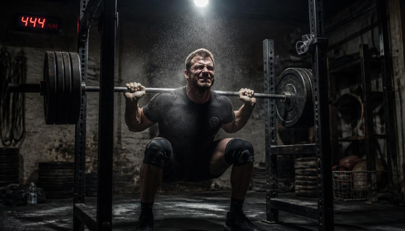 A man in athletic wear doing a heavy barbell squat in a raw, dimly lit garage gym. Chalk dust in the air. A digital clock reads 444AM in bright red. Grimace of effort on his face. A single industrial light above. Gritty, honest, unfiltered. Mood: raw effort, blue-collar grit, earned strength. A man in athletic wear doing a heavy barbell squat in a raw, dimly lit garage gym. Chalk dust in the air. A digital clock reads 444AM in bright red. Grimace of effort on his face. A single industrial light above. Gritty, honest, unfiltered. Mood: raw effort, blue-collar grit, earned strength.