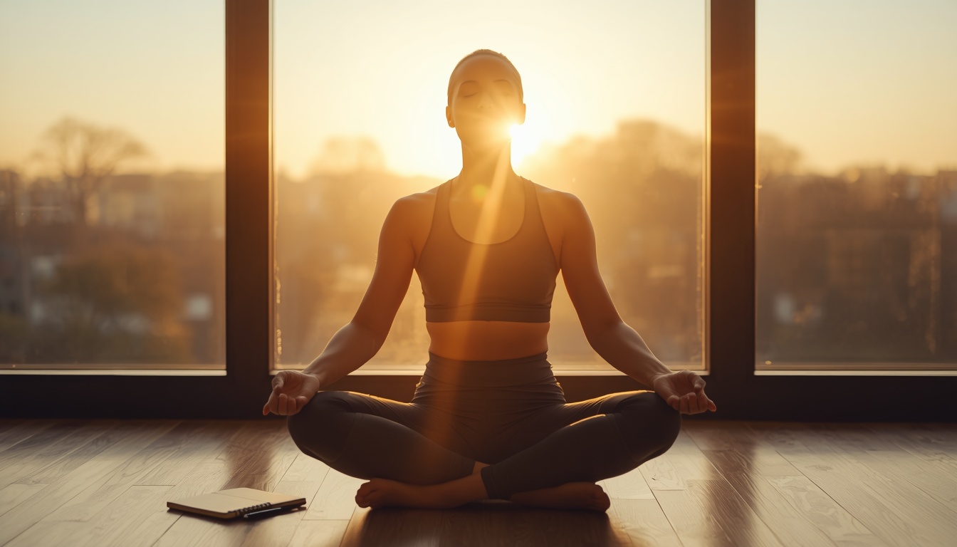 A person sitting cross-legged on a wooden floor near a large window at sunrise. Eyes closed. Hands resting on knees. Golden morning light streaming across their face. Journal and pen on the floor beside them. Peaceful but intentional energy. Mood: stillness before the storm, morning programming, inner power. A person sitting cross-legged on a wooden floor near a large window at sunrise. Eyes closed. Hands resting on knees. Golden morning light streaming across their face. Journal and pen on the floor beside them. Peaceful but intentional energy. Mood: stillness before the storm, morning programming, inner power.