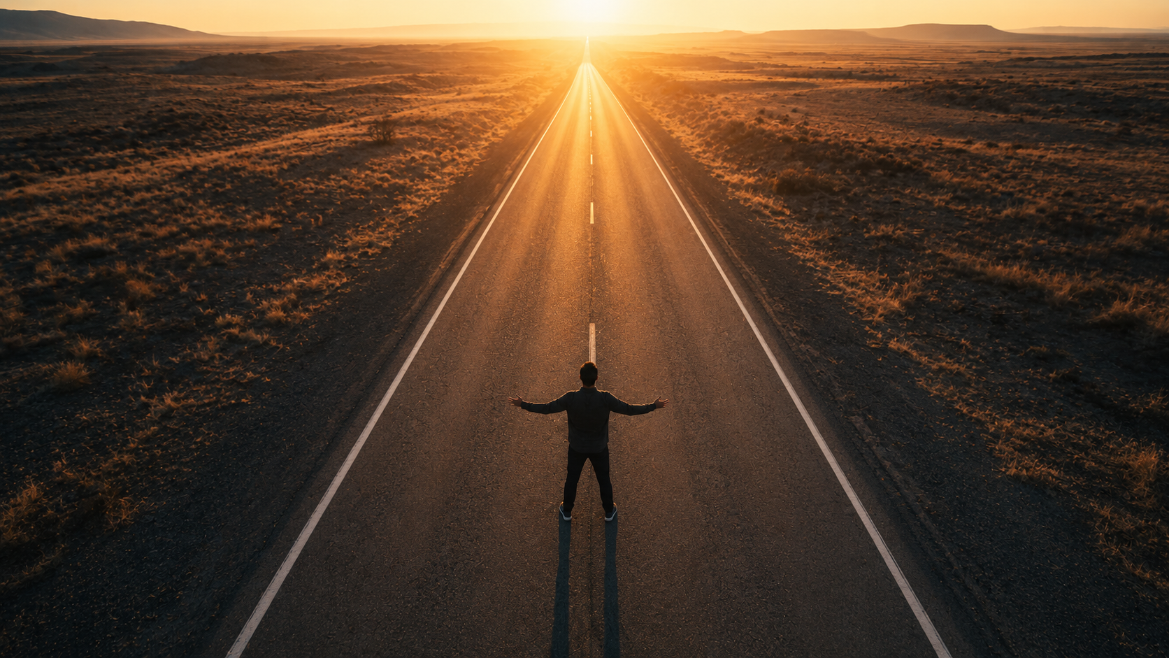 Aerial view looking down at a person standing alone in the center of a large empty road at dawn, arms slightly spread, head tilted slightly upward. Long road stretching ahead into golden horizon light. Mood: destiny, clarity, accountability, ownership of the path ahead. Aerial view looking down at a person standing alone in the center of a large empty road at dawn, arms slightly spread, head tilted slightly upward. Long road stretching ahead into golden horizon light. Mood: destiny, clarity, accountability, ownership of the path ahead.