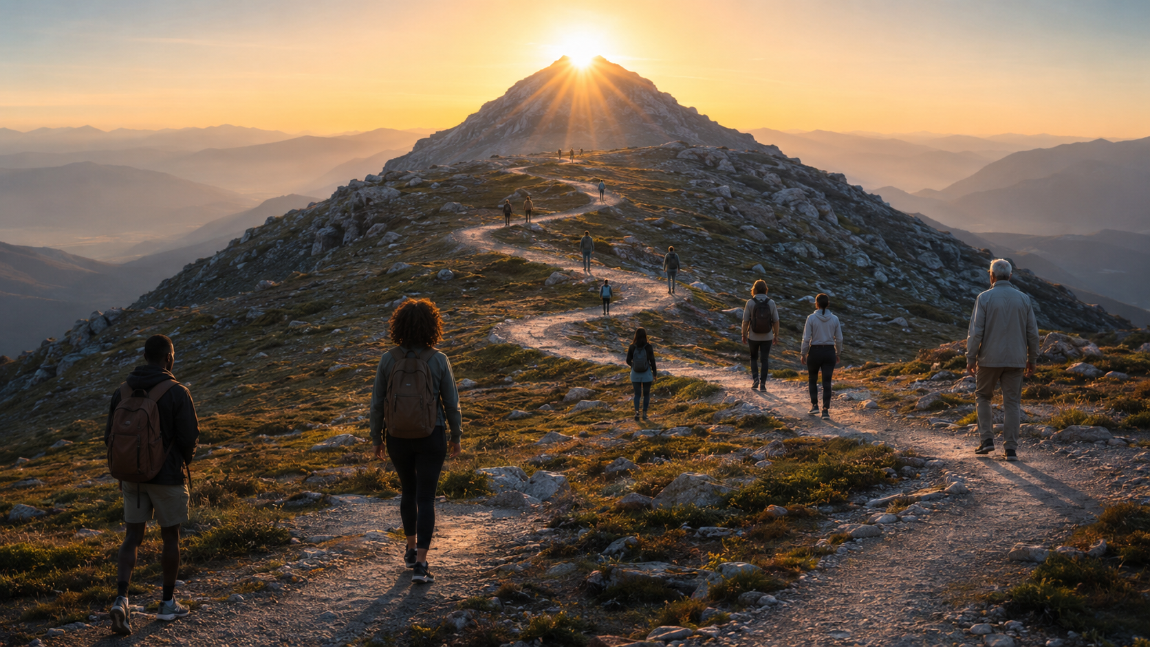 A diverse group of people at different starting points on a winding mountain path at sunrise, all moving upward toward a glowing peak in the distance, symbolizing hidden potential and journey over starting point. A diverse group of people at different starting points on a winding mountain path at sunrise, all moving upward toward a glowing peak in the distance, symbolizing hidden potential and journey over starting point.