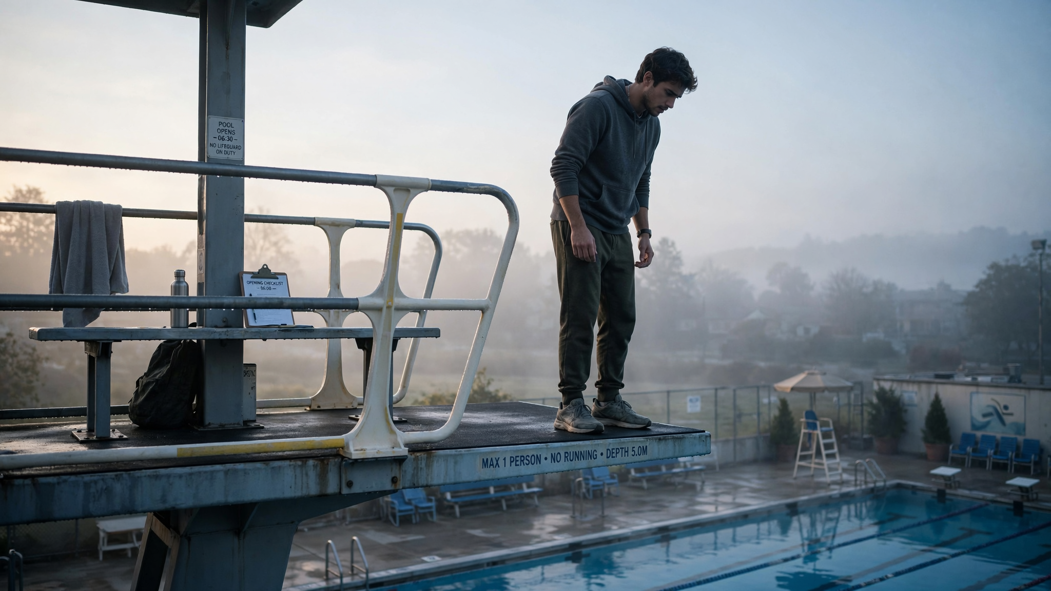 A person standing at the edge of a high diving board, looking down nervously but with determination in their eyes, early morning light, symbolizing taking the leap before feeling ready. A person standing at the edge of a high diving board, looking down nervously but with determination in their eyes, early morning light, symbolizing taking the leap before feeling ready.