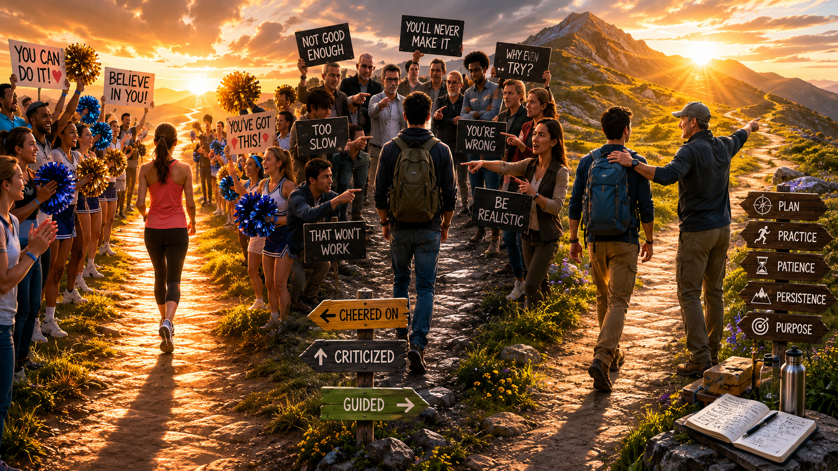 Photorealistic split image showing two paths: one person surrounded by cheering people with pom-poms (cheerleaders), one person being critiqued harshly (critics), and one person working with a supportive guide pointing forward (coach) Photorealistic split image showing two paths: one person surrounded by cheering people with pom-poms (cheerleaders), one person being critiqued harshly (critics), and one person working with a supportive guide pointing forward (coach)
