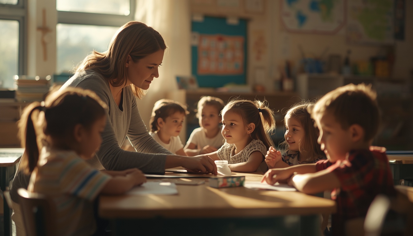 A kindergarten classroom with an experienced teacher working with diverse young children, warm sunlight streaming through windows, children engaged in learning character skills like sharing and focus, hopeful and nurturing atmosphere A kindergarten classroom with an experienced teacher working with diverse young children, warm sunlight streaming through windows, children engaged in learning character skills like sharing and focus, hopeful and nurturing atmosphere