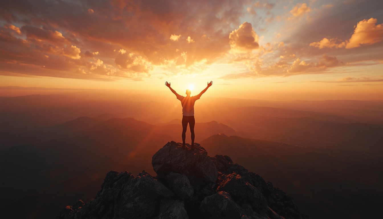A person at sunrise on a mountain peak looking out over a vast landscape, arms raised in triumph, having completed a long journey from the valley below visible in the distance, symbolizing distance traveled over starting point, golden hour lighting, inspirational and epic. A person at sunrise on a mountain peak looking out over a vast landscape, arms raised in triumph, having completed a long journey from the valley below visible in the distance, symbolizing distance traveled over starting point, golden hour lighting, inspirational and epic.