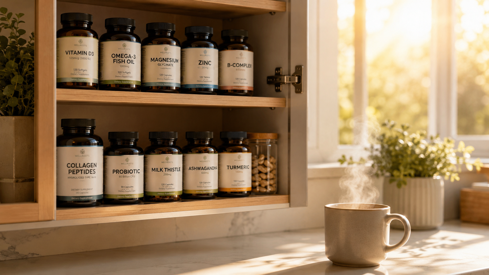 A clean, modern, and organized supplement cabinet with glass bottles, bright morning sunlight streaming through a nearby window, a steaming coffee mug on the counter.