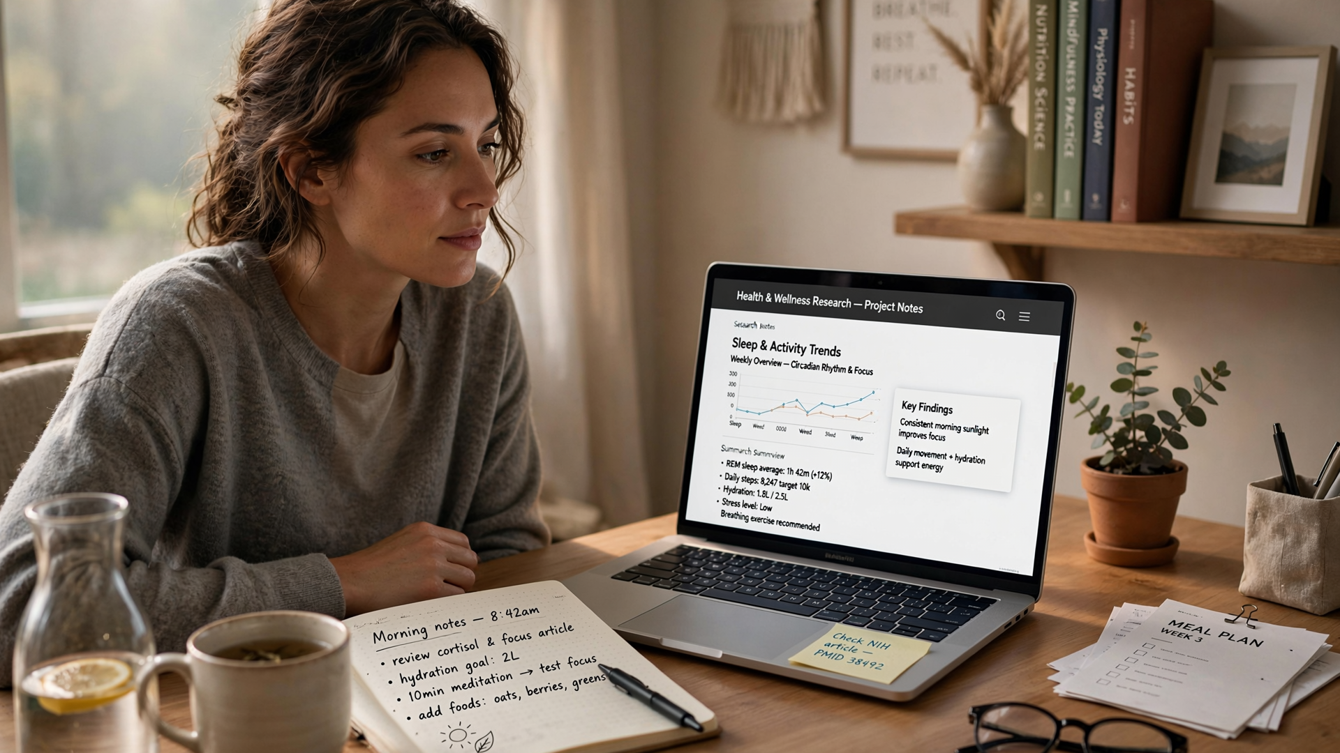 A person sitting at a clean wooden desk in the morning, thoughtfully looking at a laptop screen showing health and wellness research, a notebook and pen next to the keyboard