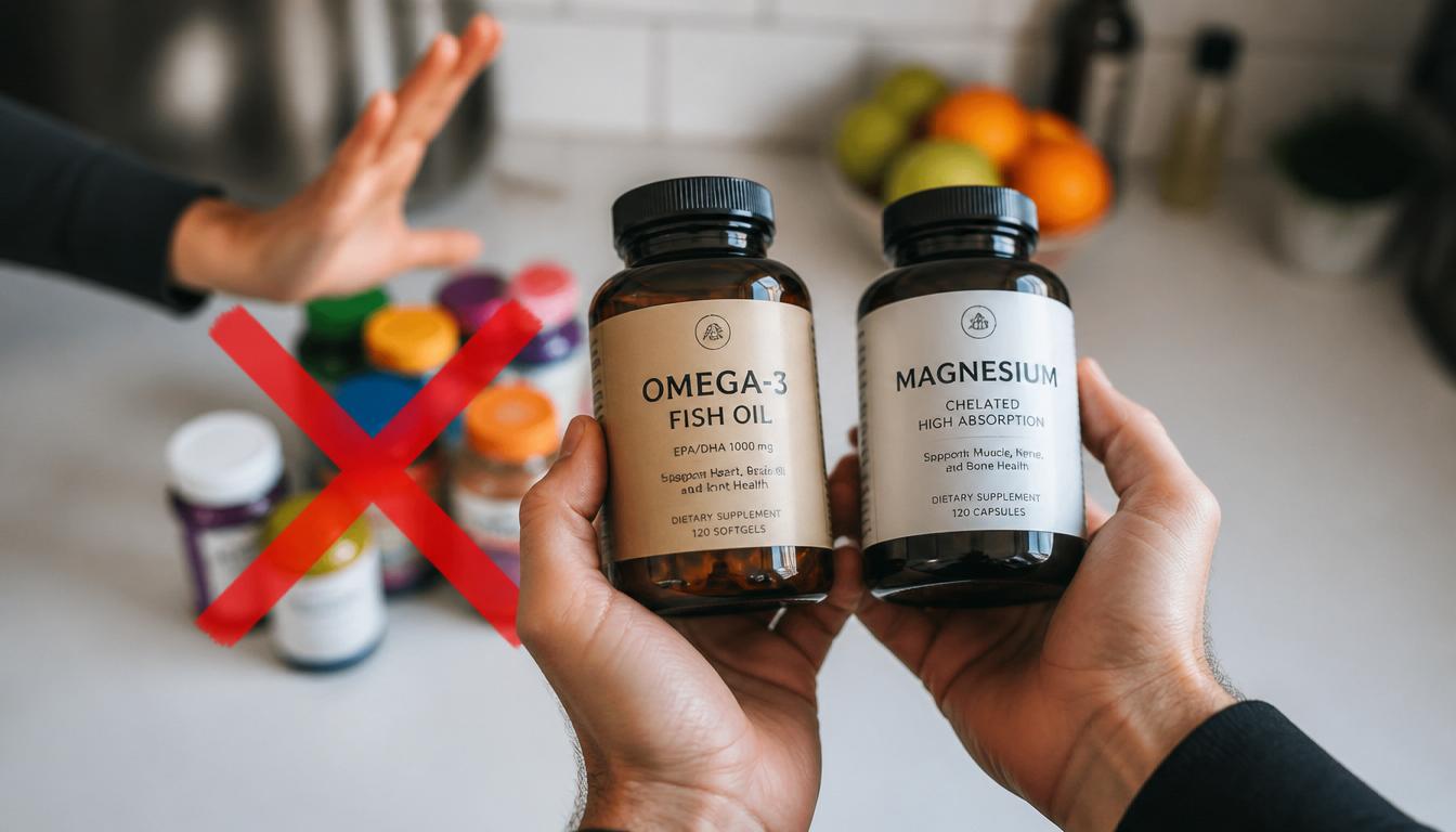 Photorealistic close-up of a person's hands holding a high-quality amber glass bottle of Omega-3 fish oil and a bottle of Magnesium, with a blurred background of a red 'X' mark pushing away cheap gummy vitamins