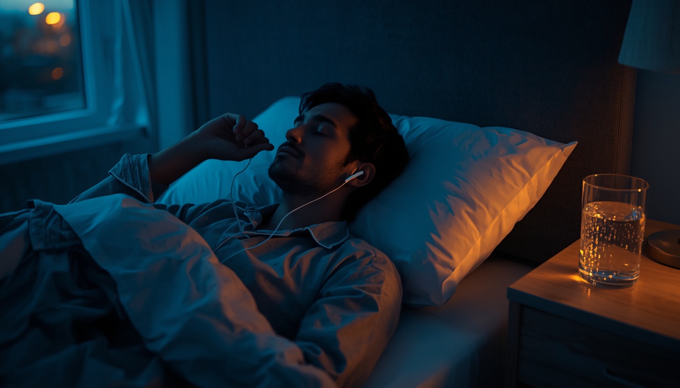 Photorealistic, cinematic shot of a person lying comfortably in bed in the quiet, early pre-dawn hours. They are peacefully inserting wireless earbuds into their ears, eyes closed in a relaxed, deeply focused state, preparing for a morning brainwave meditation. The room is illuminated by the soft, cool blue light of early morning just starting to transition into a warm, golden sunrise glow through the window. On the wooden nightstand right next to the bed sits a large, crisp, condensation-covered glass of fresh water waiting for them. The atmosphere is serene, purposeful, and transitional, capturing the exact moment between deep subconscious programming and physical action.