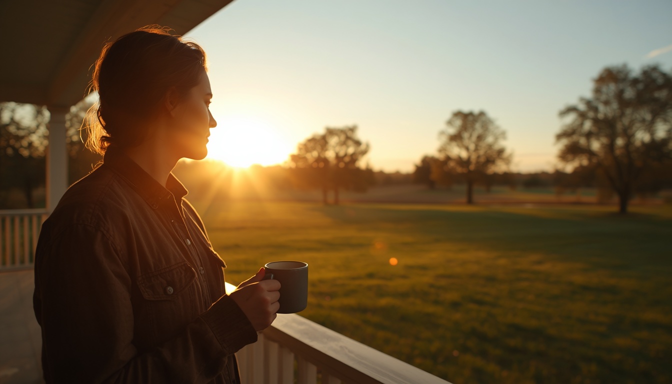 A person standing outside on a porch at sunrise, holding a coffee mug, looking out at a beautiful, peaceful landscape with a sense of clarity and achievement, golden morning light hitting their face, symbolizing the 'Perfect Day' vision!