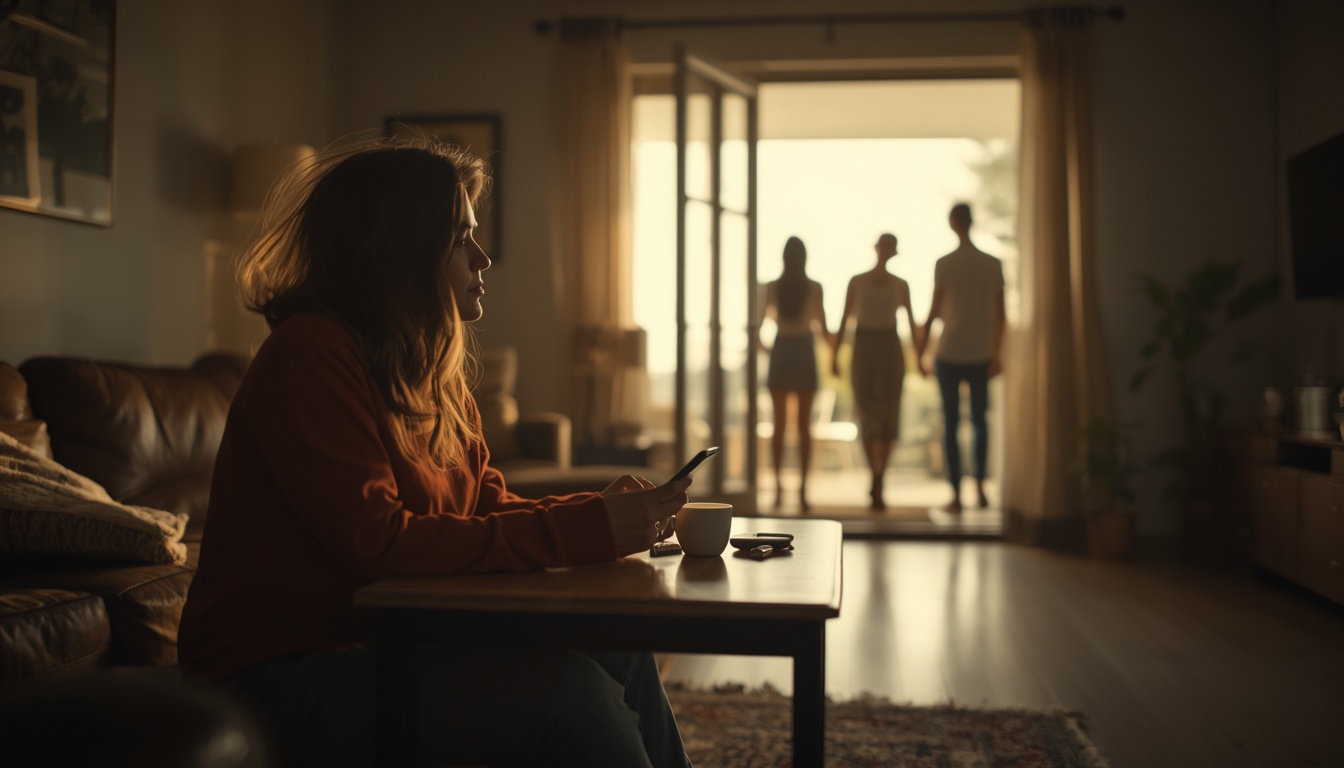 A cozy morning living room setting, one person sitting alone at a table with a phone in hand looking lonely, warm light gradually transitioning to a feeling of connection as a group enters in soft focus.