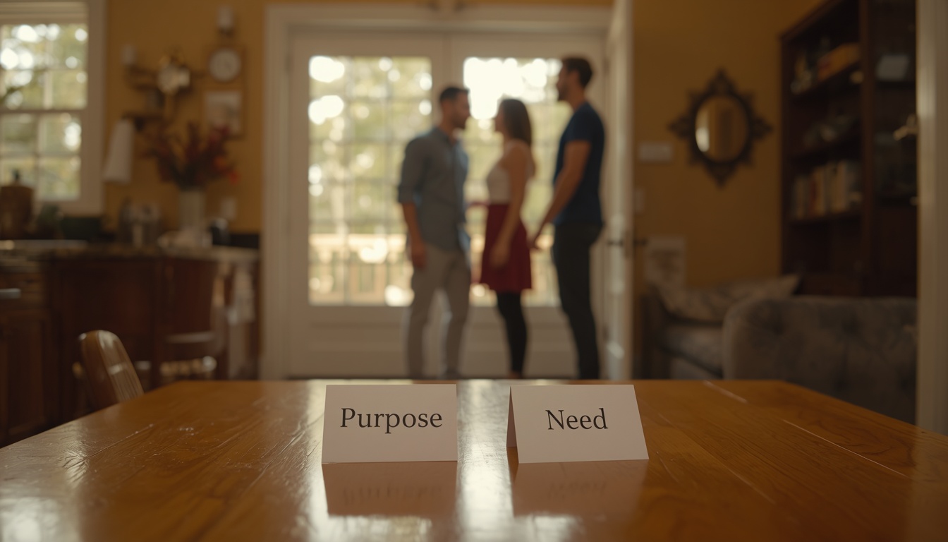 A warm kitchen/dining room, small cards labeled ‘Purpose’ and ‘Need’ on a table, friends arriving at the doorway, welcoming greeting body language.