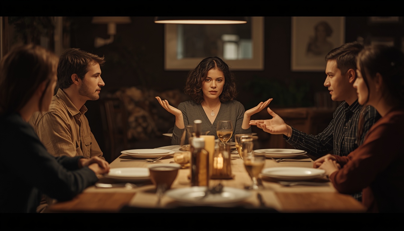 An intimate family dinner table, tense-but-calm conversation, one person pausing with open palms as if initiating healthy heat, others listening with respectful eye contact, soft natural lighting, realistic emotions.