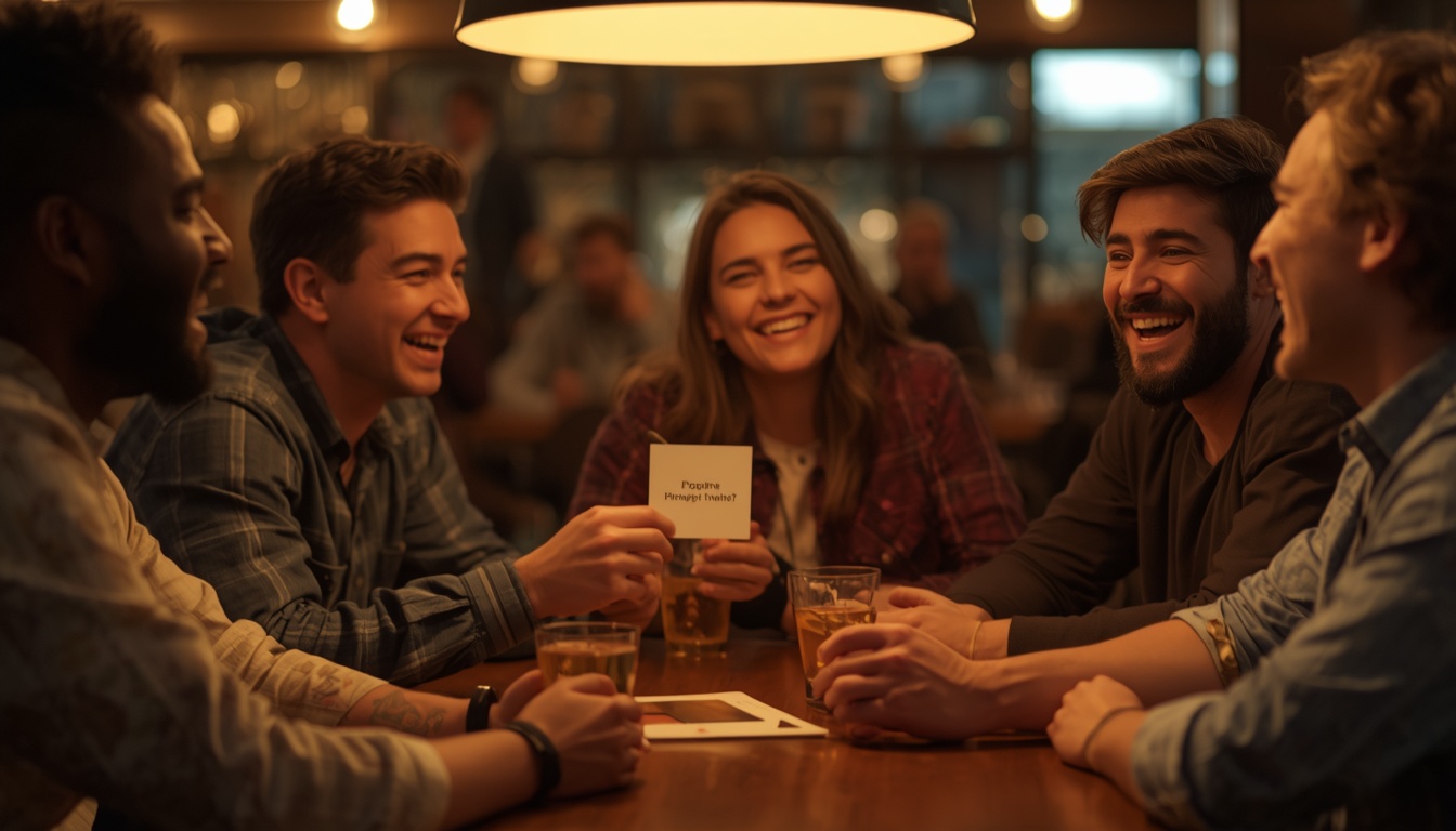 A diverse group of friends around a table laughing, one person holding a small question card, animated facial expressions, warm indoor lighting.