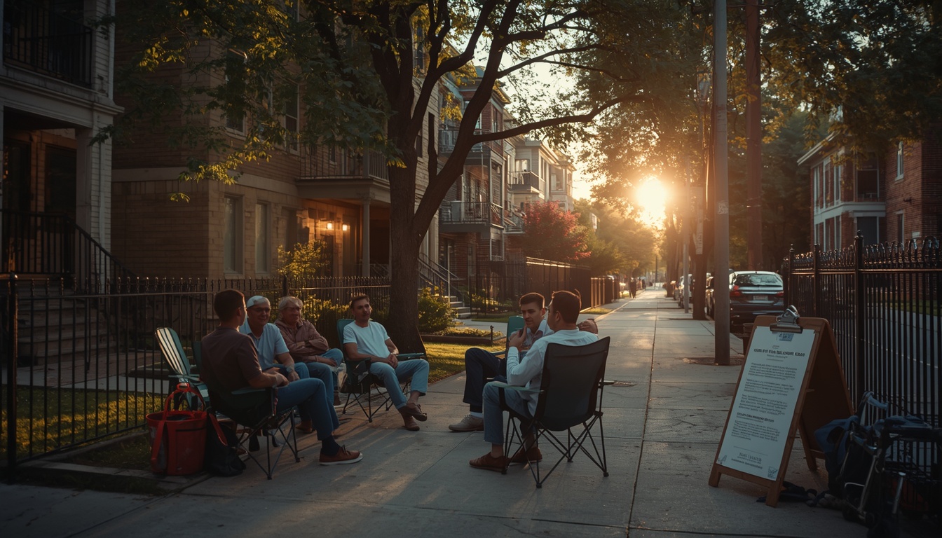 A neighborhood community gathering ‘chair and share’ concept, people sitting on lawn chairs outside an apartment building at golden hour, friendly conversation, analog flyers on clipboards nearby