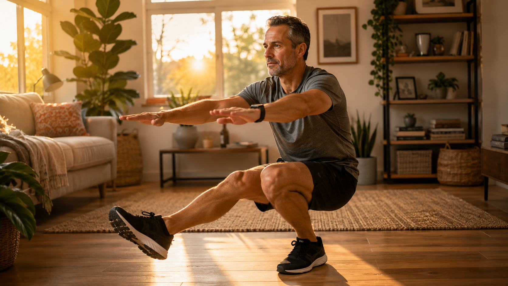 A fit person in their 40s-50s performing a single-leg squat in a bright, modern living room at sunrise. Warm golden light streaming through windows. Person is balanced, focused, wearing athletic wear. 