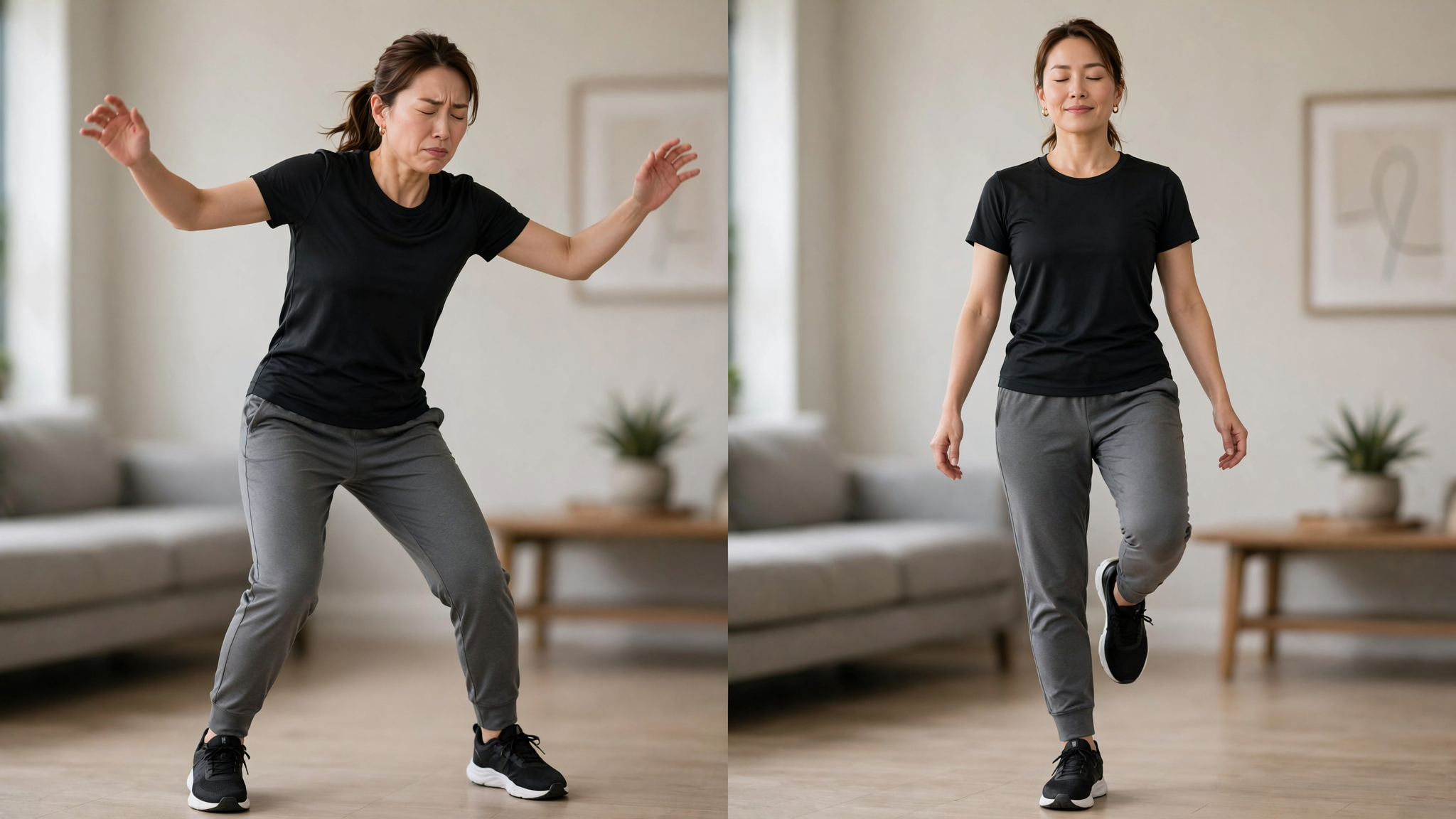 A split-screen comparison image. Left side: Person struggling with balance, eyes closed, arms wobbling. Right side: Same person balanced and stable on one leg, eyes closed, calm expression. Educational, clear visual contrast showing progression. 