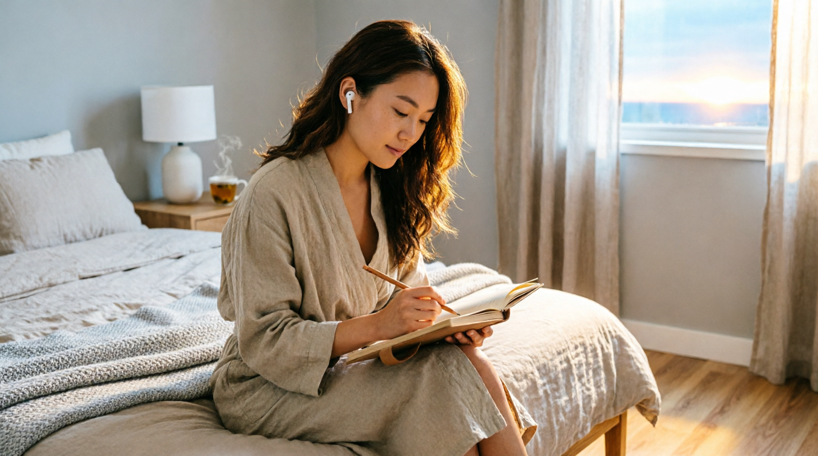 A peaceful morning scene: person sitting on edge of bed at sunrise, journal in hand, calm and focused expression. Soft golden light, cozy bedroom environment. Represents the theta state morning routine. 