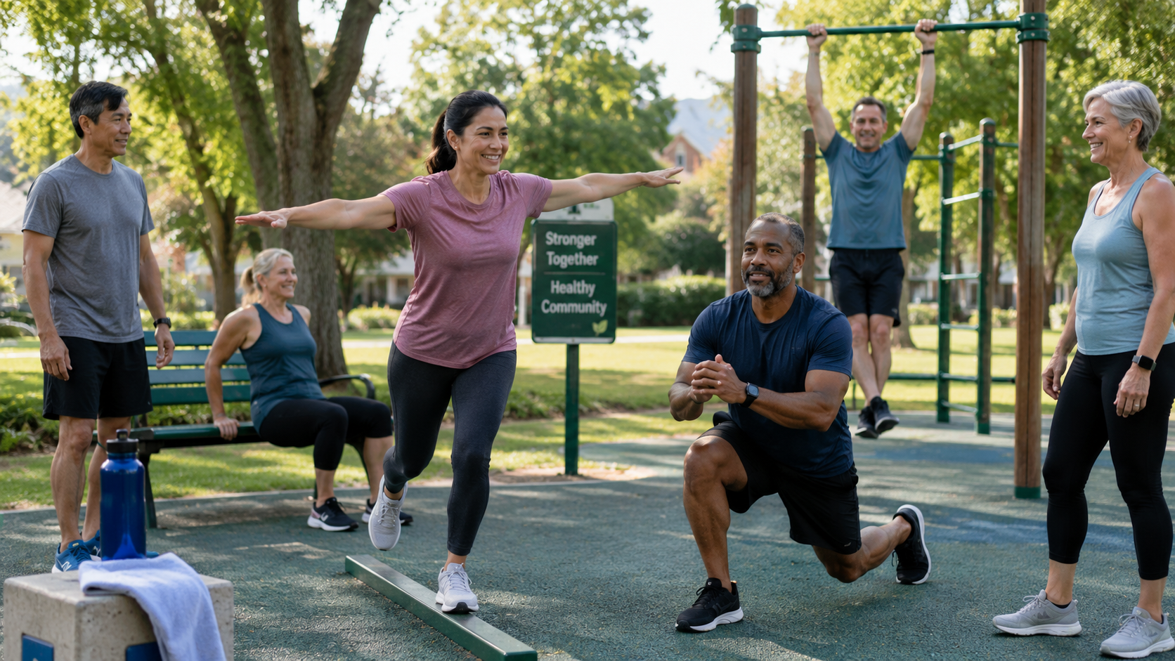 A diverse group of people (various ages 30s-60s) doing different exercises from the protocol in a bright, welcoming Outdoor community park environment. One person doing balance work, another doing a lunge, another hanging from a Nearby playground chin up bar. Community feel, supportive atmosphere.