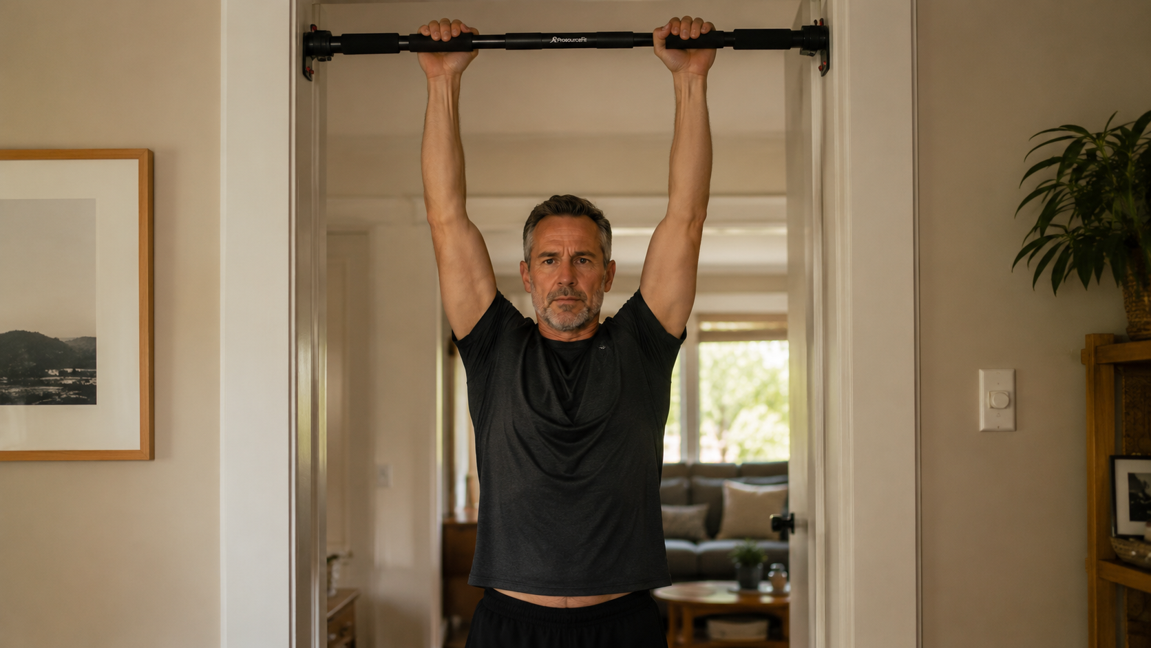A person in their 50s performing a bar hang, Arms straight, with a look on their face of a slight struggle, in a home doorway with a pull-up bar. Natural light, calm expression, showing proper form with relaxed shoulders and engaged core. 