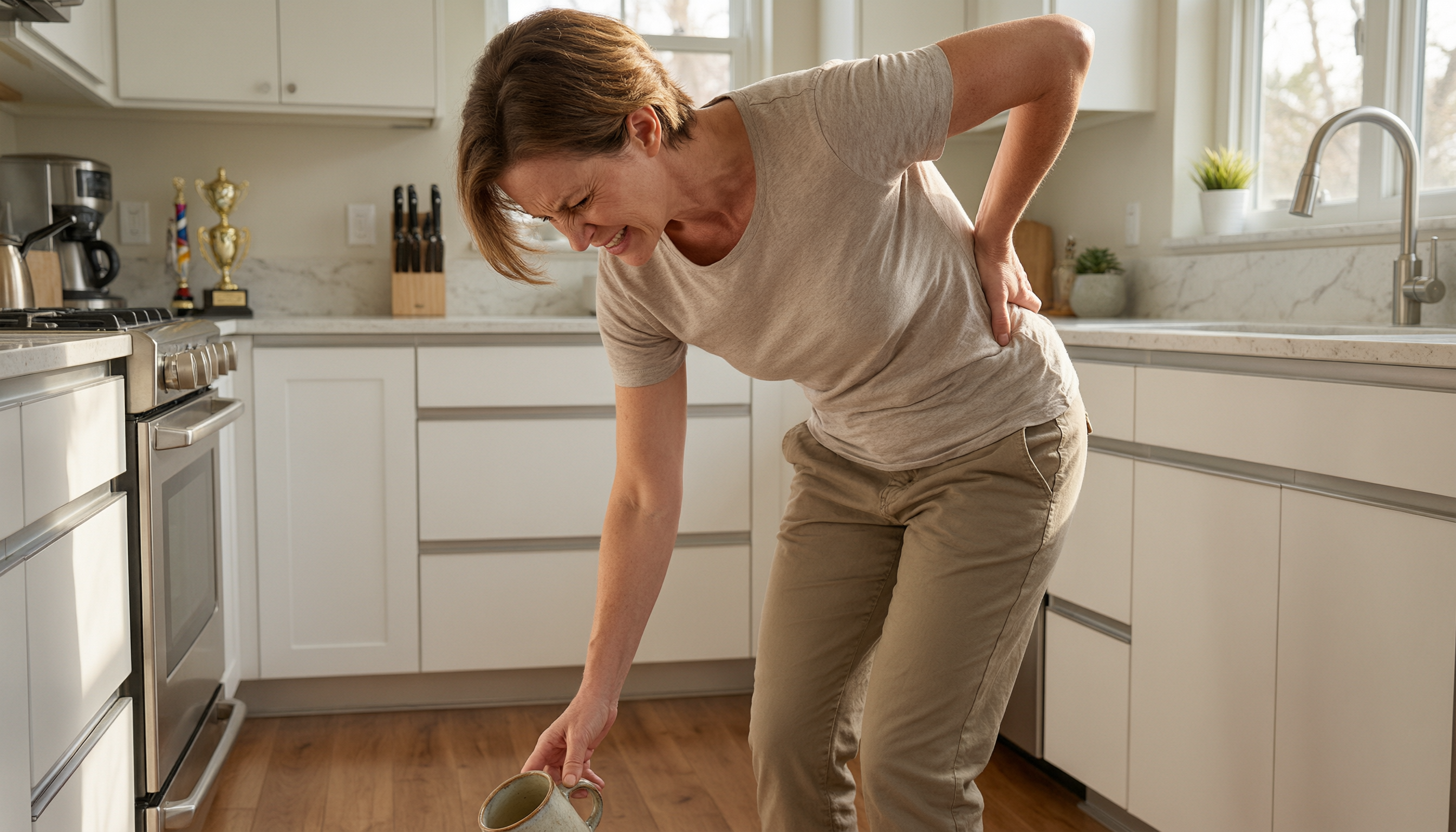 A relatable adult in their 40s in a bright, sunlit modern kitchen, frozen in a moment of sudden lower back discomfort while doing a normal everyday task. They are slightly bent over reaching for a dropped coffee mug on the floor. One hand is reaching down, while their other hand is instinctively clutching their lower back in pain. Their facial expression shows a sudden wince, eyes closed tight, capturing the exact moment of a tweaked muscle.
