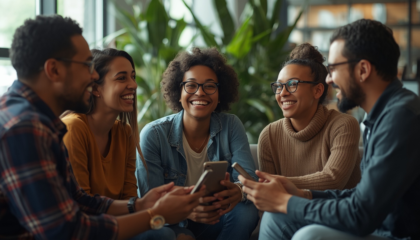 A diverse group of 4-5 people in their 20s-40s having genuine conversation in a modern co-working space. Laughing, making eye contact, no phones visible. Natural lighting, plants in background. Represents human connection and relationship-building. 