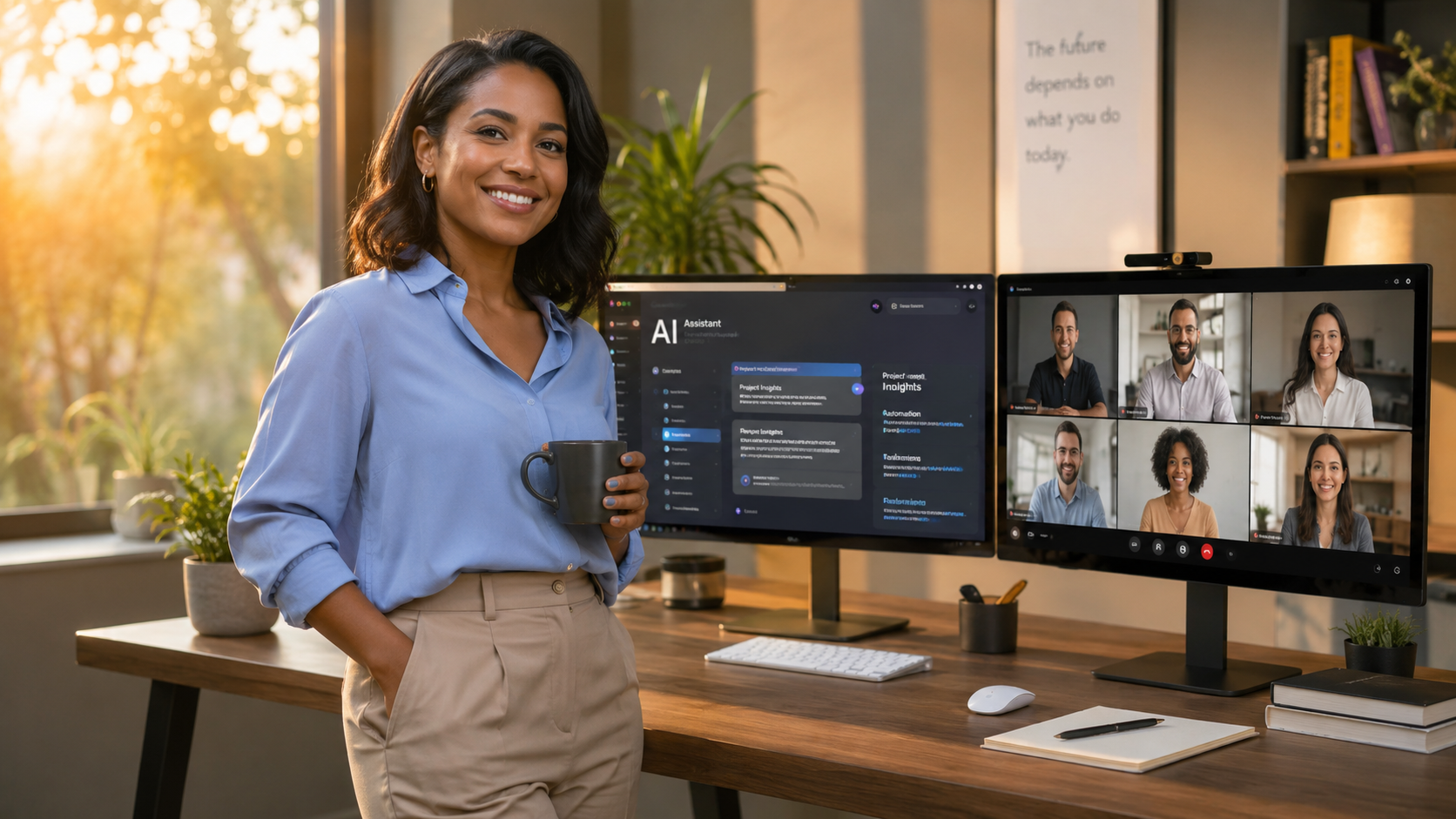 A confident professional in their 30s standing at a modern desk with dual monitors—one showing AI interface, the other showing video call with diverse team. Warm morning light streaming through window. Person is smiling, holding coffee, looking empowered and in control. 