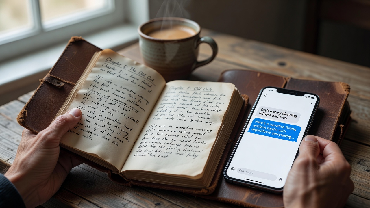 A close-up of hands holding a worn leather journal with handwritten notes, next to a modern smartphone showing AI chat interface. Soft natural lighting from window. Coffee cup in background. Symbolizes the blend of traditional storytelling and modern AI tools. 