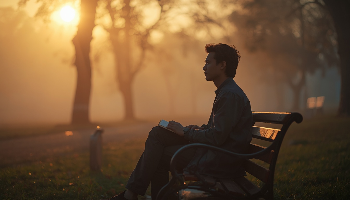 A person in their 30s sitting on a park bench at sunrise, looking thoughtful but peaceful, journal in lap. Soft golden hour light, misty background, trees silhouetted. Represents morning reflection and theta state programming. 
