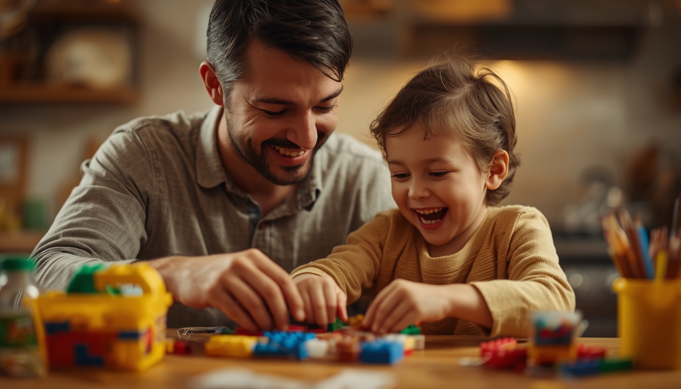 A parent and child building something together—could be LEGOs, art project, or cooking. Both laughing, messy, fully engaged. Warm kitchen or playroom lighting. Represents purpose through negative ROI investment. 