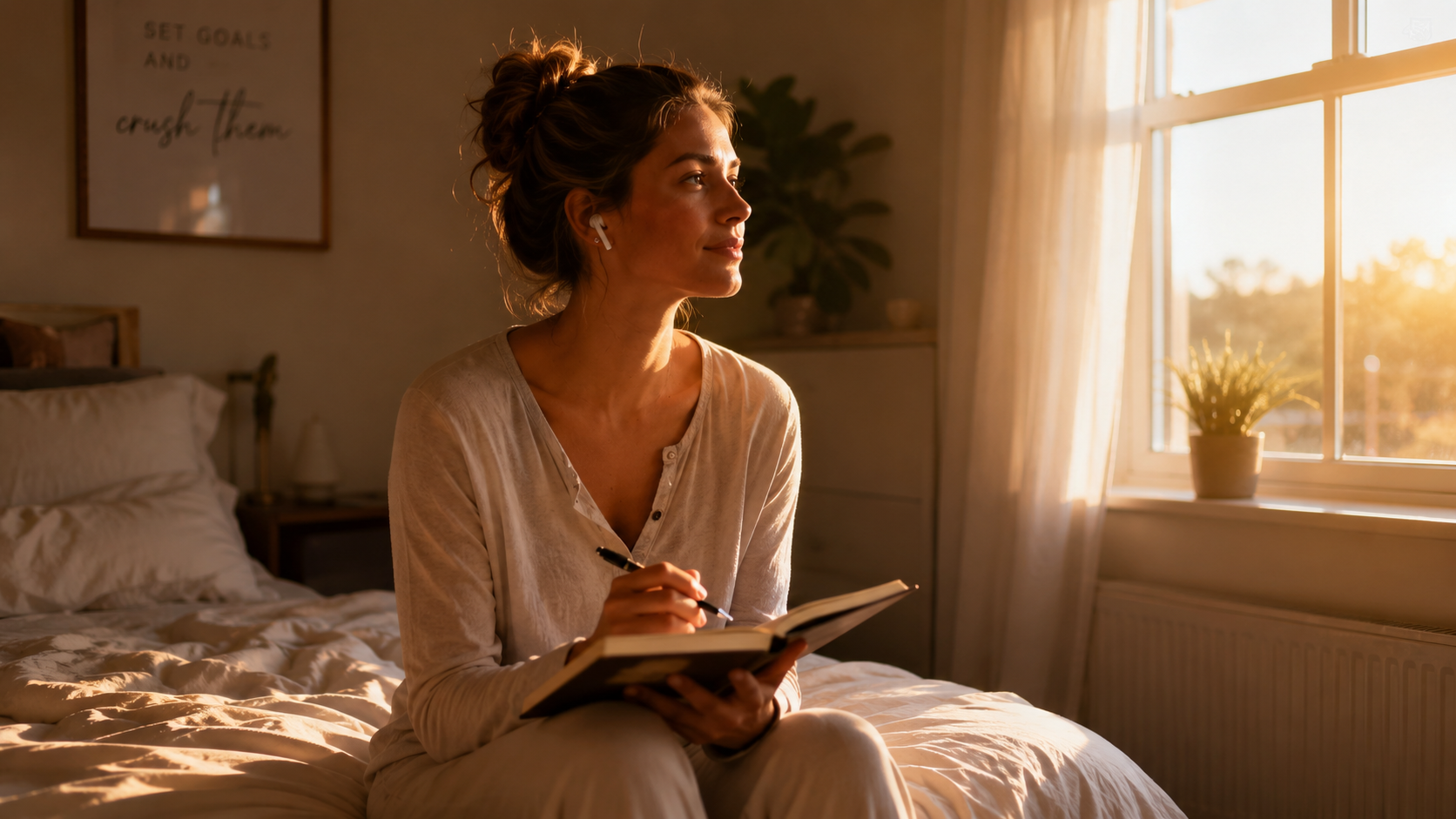 A person at dawn, sitting on the edge of their bed in soft morning light, holding a journal and pen, peaceful determined expression, warm golden hour lighting streaming through window, minimalist bedroom, sense of new beginning and intention setting