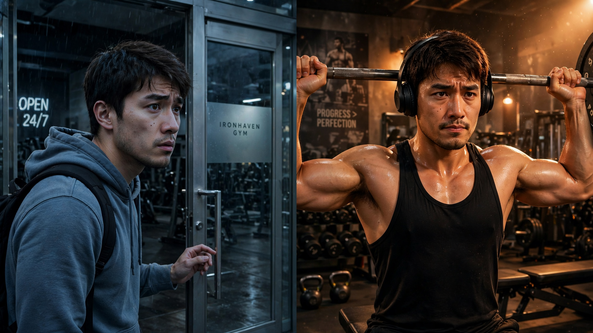 A split composition showing transformation: left side shows person hesitating at gym entrance looking uncertain, right side shows same person confidently lifting weights months later, strong determined expression.